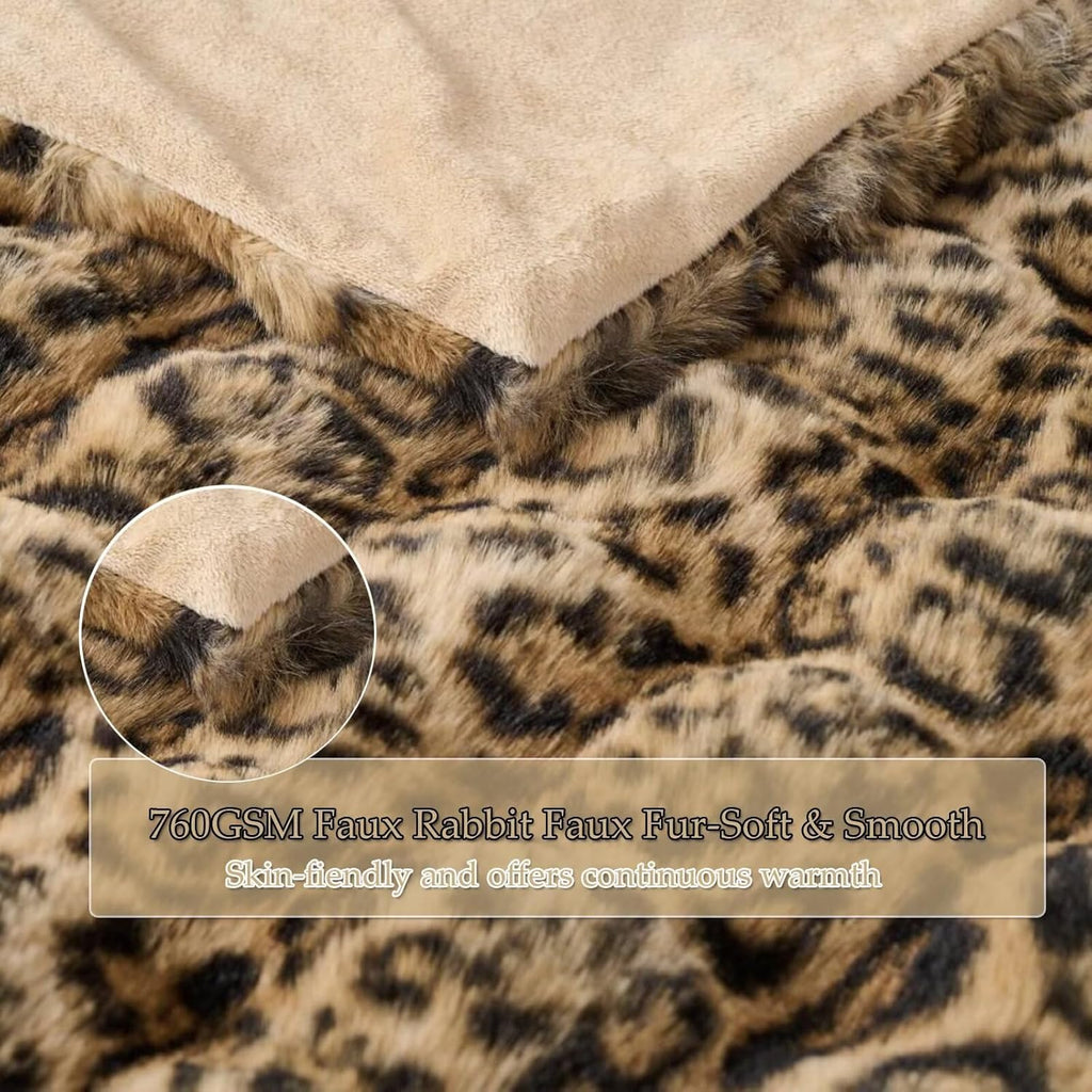 760GSM Faux Rabbit Faux Fur Throw Blanket,Super Thick Warm Bubble Blanket Throw,Fuzzy Luxury Plush Decorative Blanket for Couch Bed Sofa(Leopard Brown,80''X 90'')