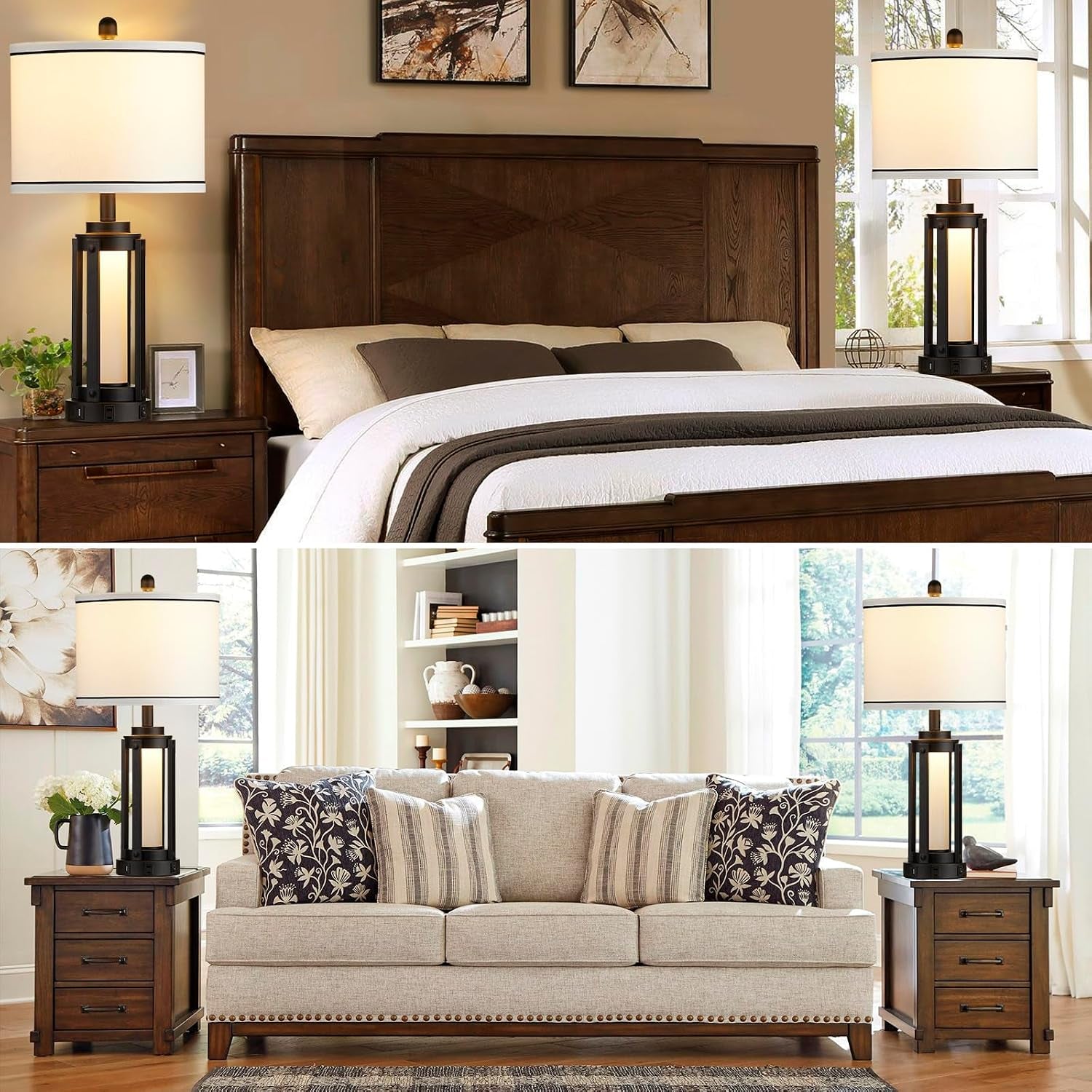 Industrial Table Lamps Set of 2, Modern beside Lamp with USB A+C Charging Ports & AC Outlet, Rustic Nightstand Lamp with LED Night Light for Living Room Bedroom End Table Entryway Black Bulbs Included