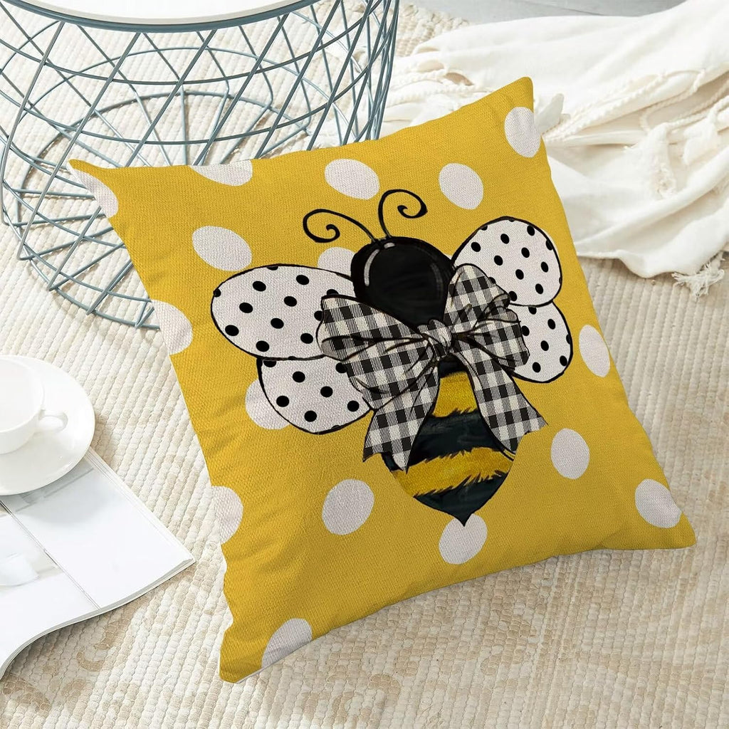 Yellow Bee Pillow Covers 16X16 Set of 2 Polka Dots Outdoor Decorative Throw Pillow Covers Summer Farmhouse Seasonal Linen Cushion Case for Home Sofa Couch Outdoor Decor
