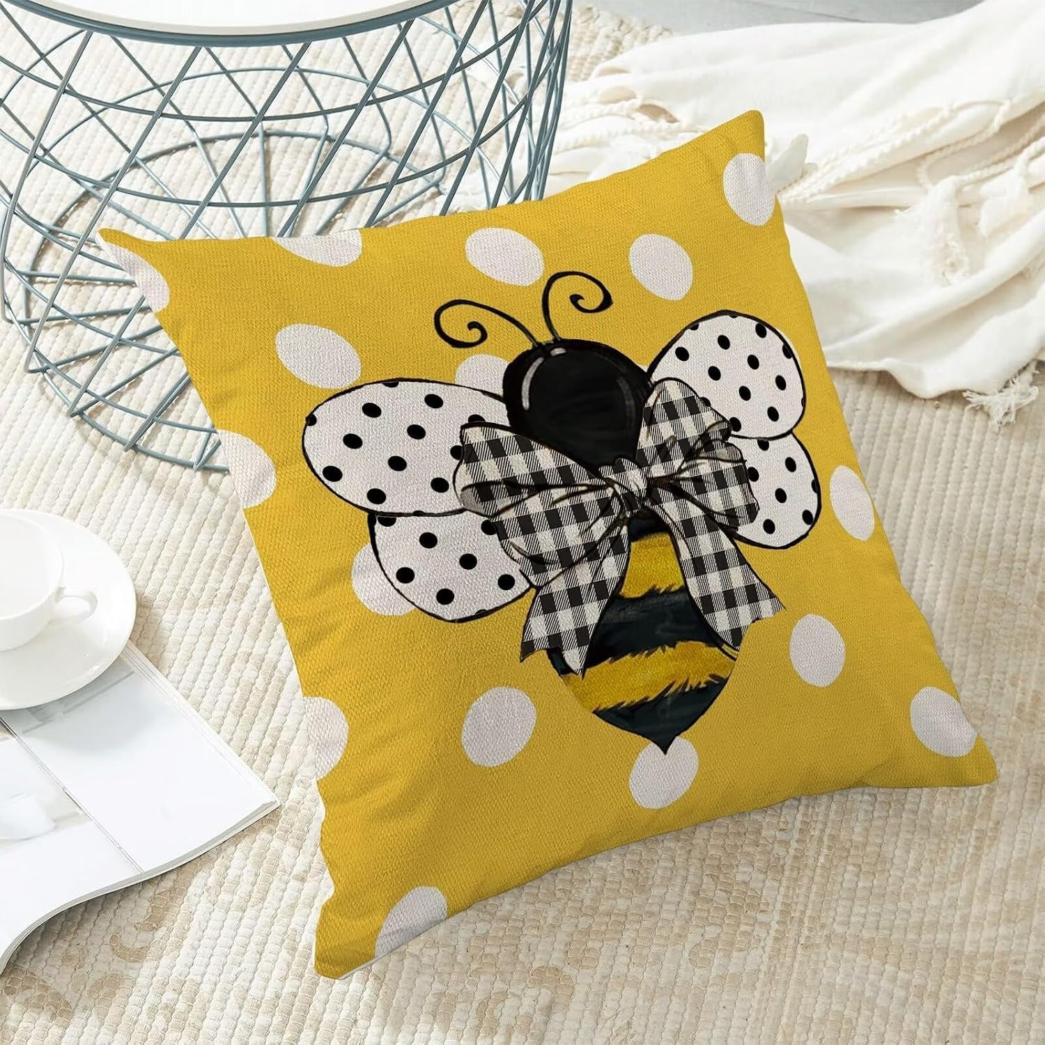 Yellow Bee Pillow Covers 16X16 Set of 2 Polka Dots Outdoor Decorative Throw Pillow Covers Summer Farmhouse Seasonal Linen Cushion Case for Home Sofa Couch Outdoor Decor