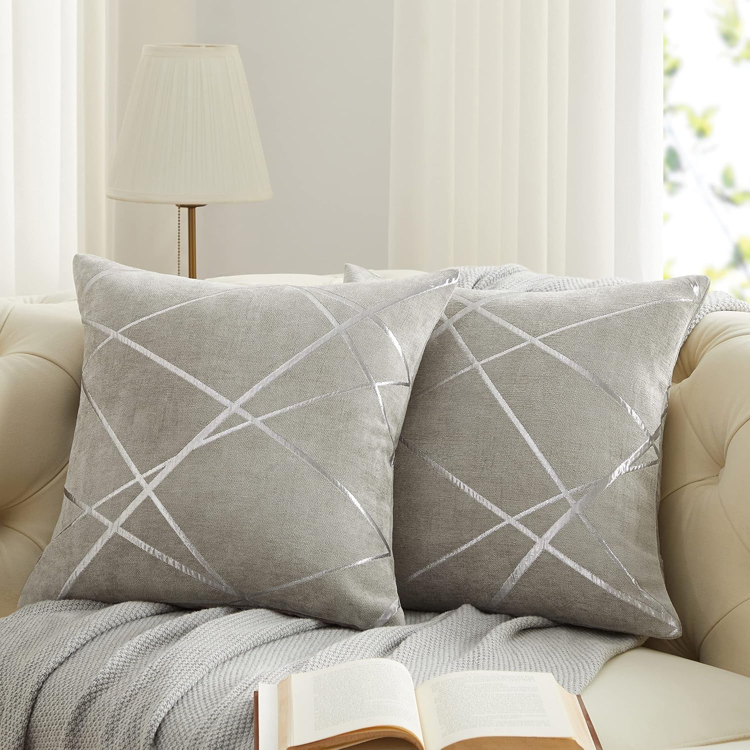 Decorative Couch Pillow Covers 22 X22,Sofa Thick Cushion Pillow Covers,Square Grey Luxury Pillows 2 Set