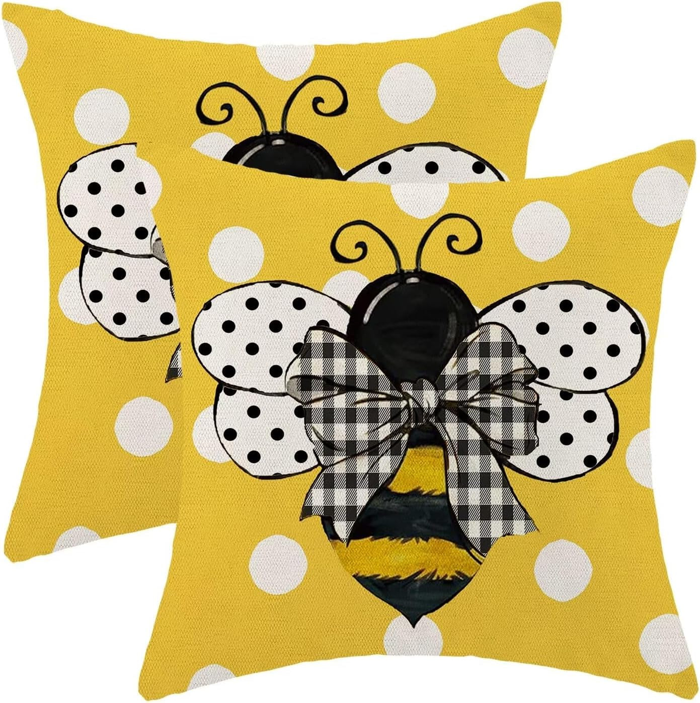 Yellow Bee Pillow Covers 16X16 Set of 2 Polka Dots Outdoor Decorative Throw Pillow Covers Summer Farmhouse Seasonal Linen Cushion Case for Home Sofa Couch Outdoor Decor