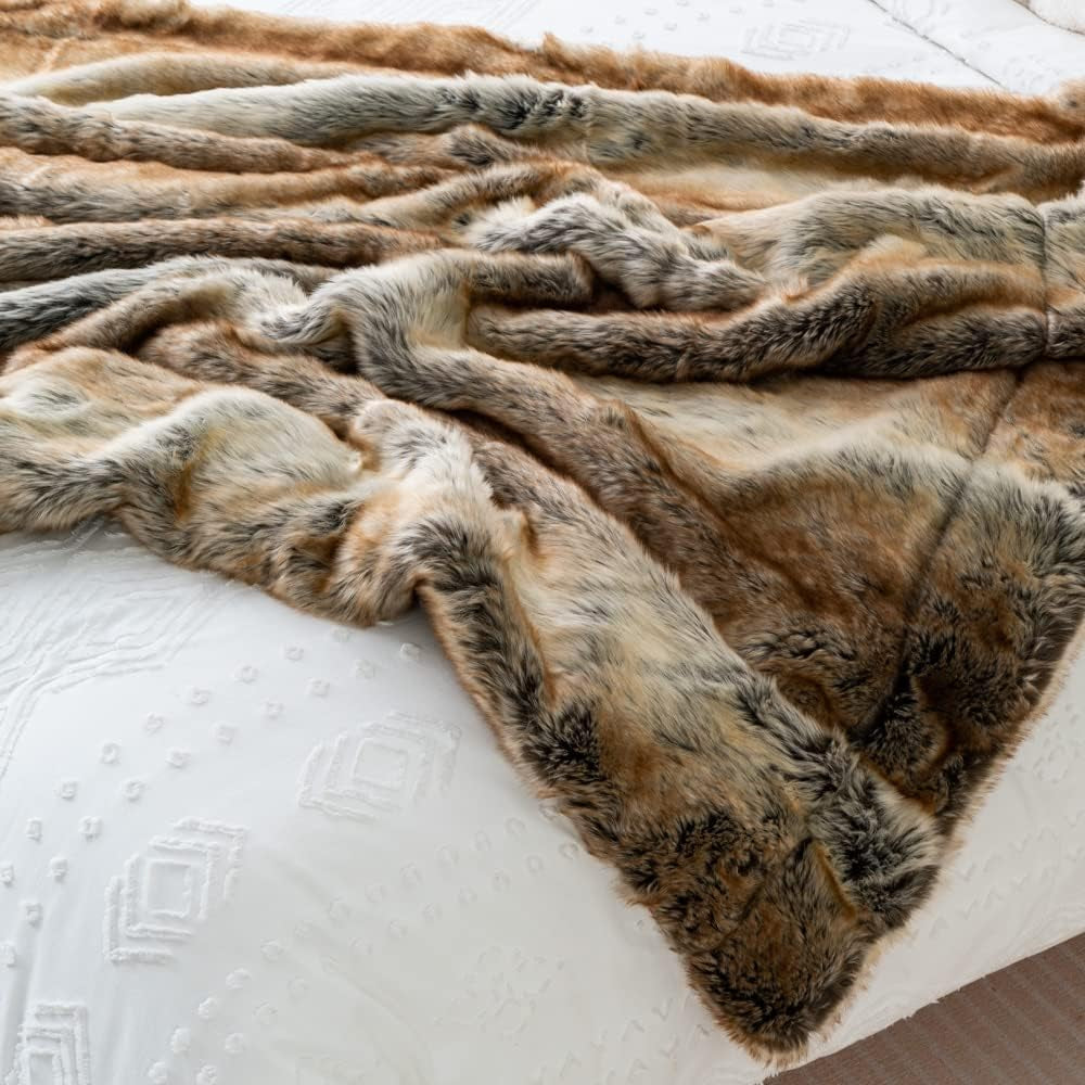 BATTILO Luxury Brown Faux Fur Throw Blanket for Couch,50"X60", Shaggy | Super Thick Warm Elegant Cozy Plush Furry Fuzzy Fluffy Faux Fur Blankets for Bed, Sofa, Living Room, Home Decor