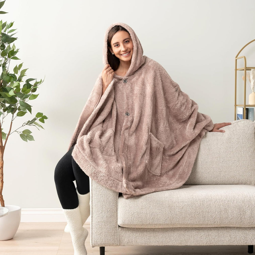Hooded Blanket Poncho for Women, Wearable Sherpa Fleece Wrap with Pockets, Cozy Shawl Gift for Mom Grandma Wife