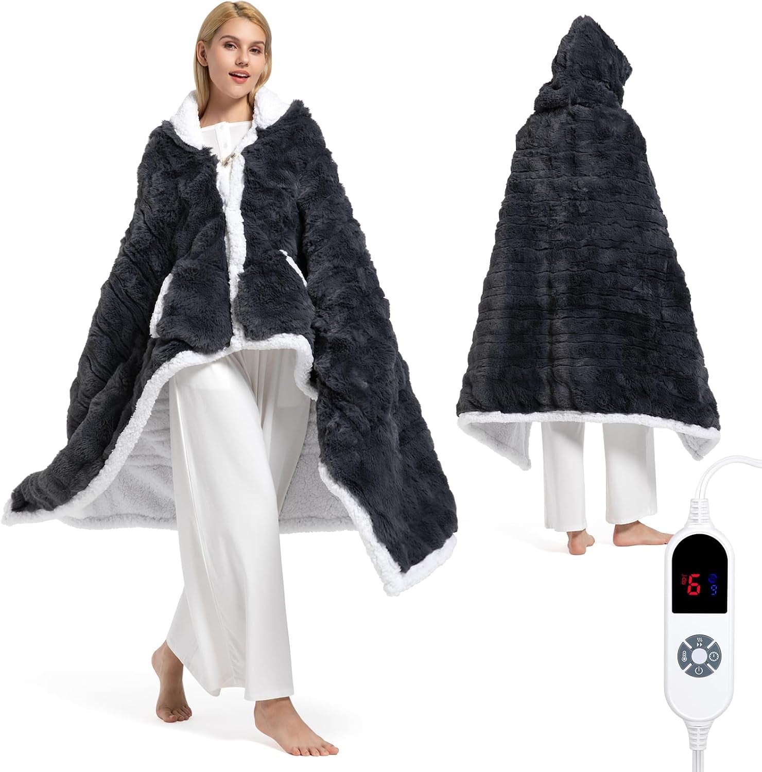Wearable Heated Blanket Hoodie, Luxury Faux Fur & Sherpa Electric Throw Blanket, Heated Shawl Wraps Poncho with Pockets for Women Men, 3 Heat Levels & 12H Timer, ETL & FCC Certified, 40"X70",Dark Grey