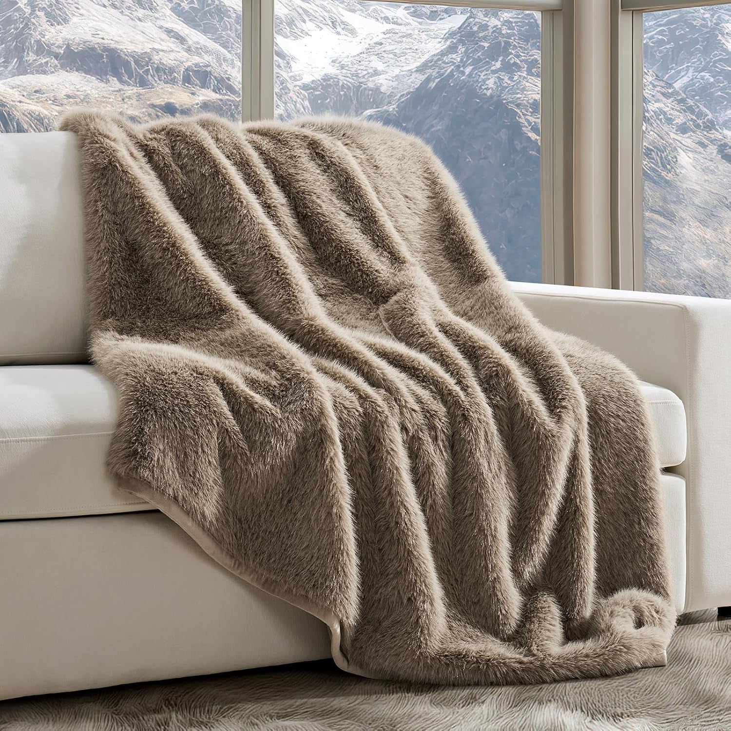 HOME Luxury Faux Fur Throw Blanket, 50"X60", Natural Mink | Fluffy Faux Mink Blanket, Soft Cozy Plush, Thick Warm Winter Throw, Velvety Reverse, 870GSM, for Couch, Bed, Sofa, Chair