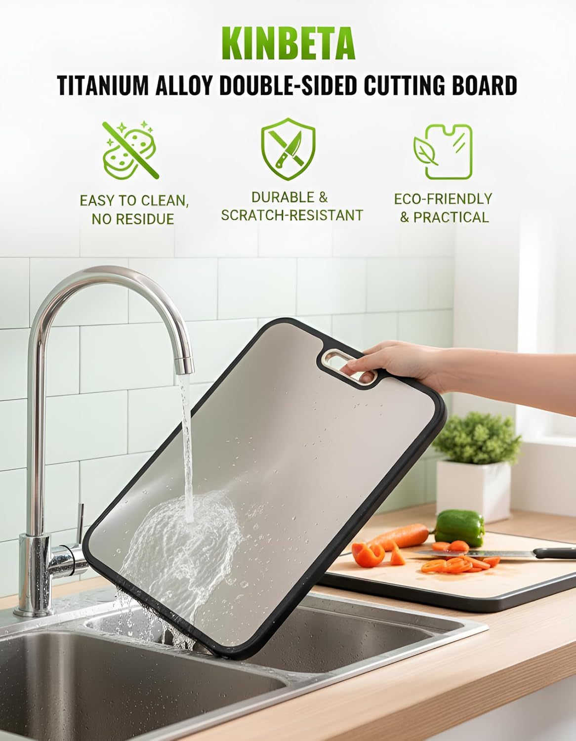 Titanium Cutting Board for Kitchen, Double Sided 2-In-1 Chopping Board with Grinding Area, Food Grade Non Toxic Metal Cutting Board for Meat & Veggies, Easy to Clean, Large Size 16"×11"