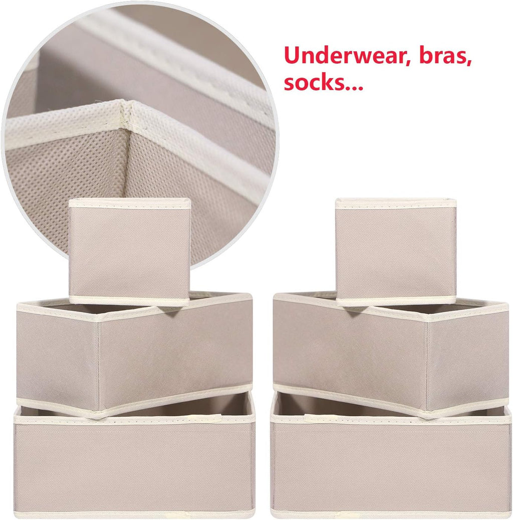 12 Pack Foldable Cloth Storage Box Closet Dresser Drawer Organizer Fabric Baskets Bins Containers Divider for Clothes Underwear Bras Socks Lingerie Clothing, Beige 444