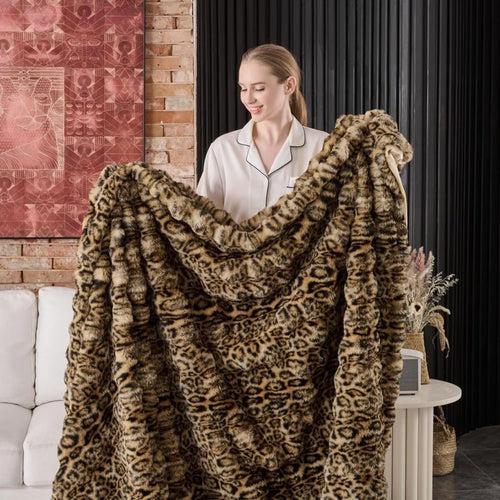 760GSM Faux Rabbit Faux Fur Throw Blanket,Super Thick Warm Bubble Blanket Throw,Fuzzy Luxury Plush Decorative Blanket for Couch Bed Sofa(Leopard Brown,80''X 90'')