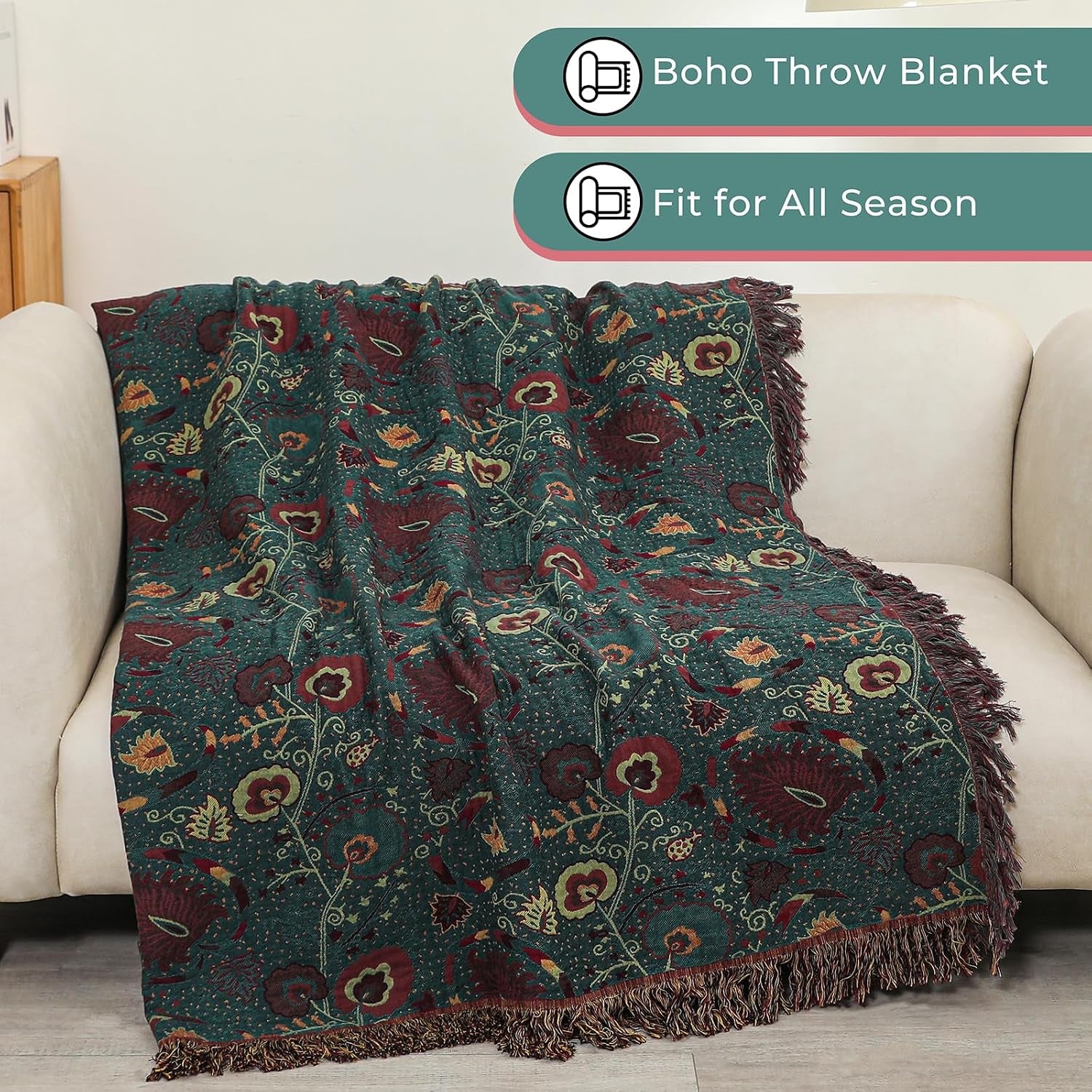 100% Cotton Green Floral Boho Throw Blanket for Bed 90"X98" | 4-Layer Gauze Breathable Muslin Blanket,Soft Lightweight All Season Quilt with Fringe,Multi-Purpose Blanket,Ideal Gift