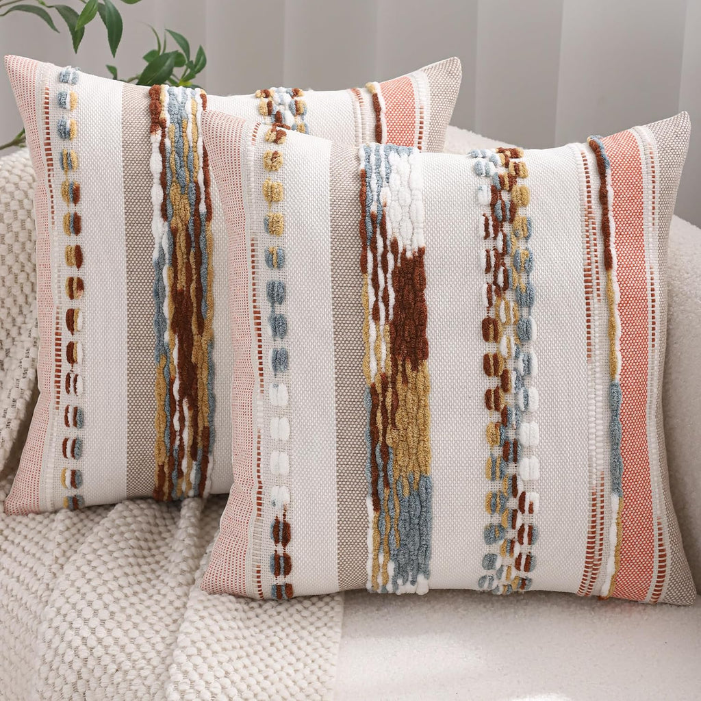 Boho Tufted Throw Pillow Covers 18X18 Set of 2 Stripe Decorative Pillow Cases Accent Chenille Pillowcases Farmhouse Cushion Case Nuetral Textured Pillow Cover Fall Autumn Home Decor,Orange