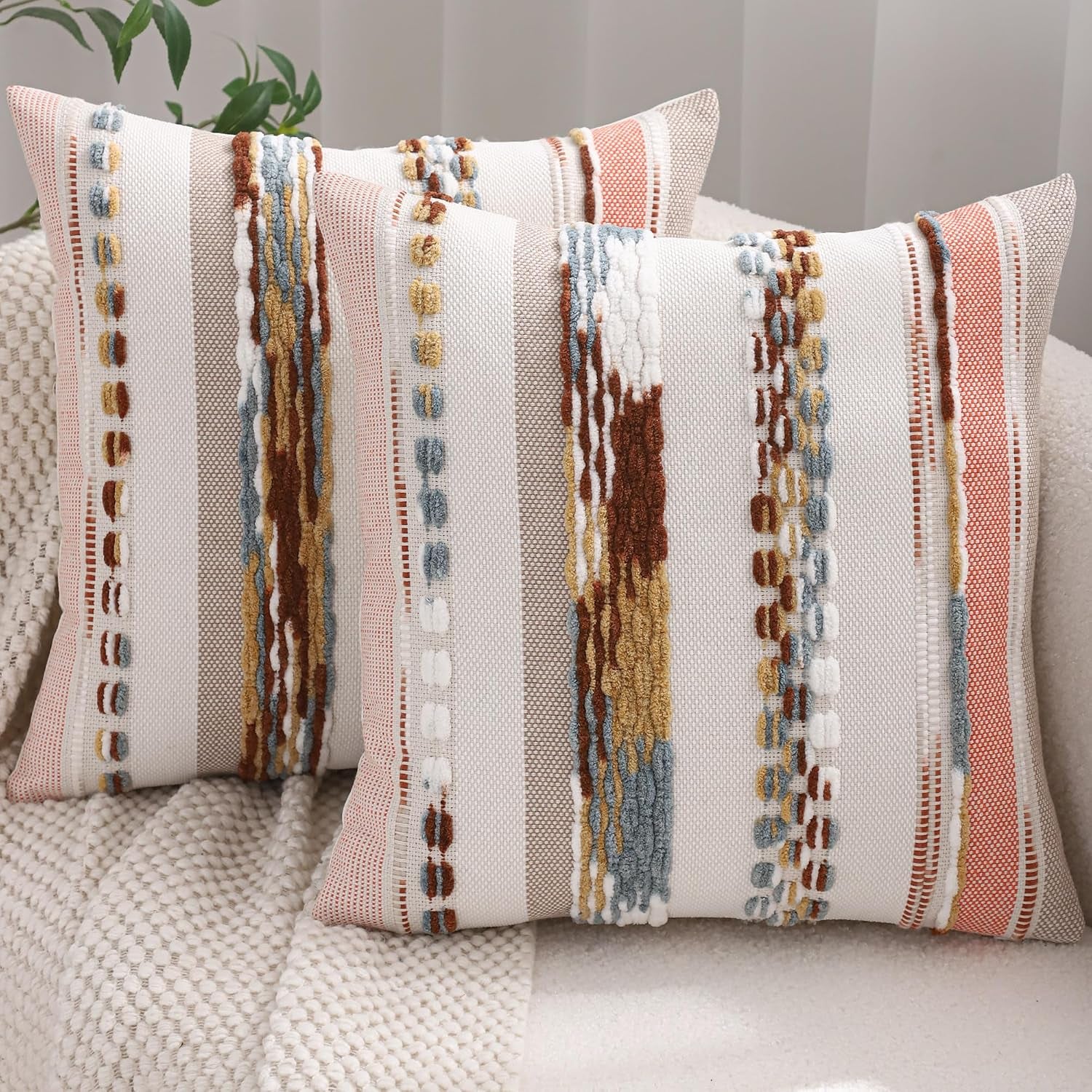 Boho Tufted Throw Pillow Covers 18X18 Set of 2 Stripe Decorative Pillow Cases Accent Chenille Pillowcases Farmhouse Cushion Case Nuetral Textured Pillow Cover Fall Autumn Home Decor,Orange