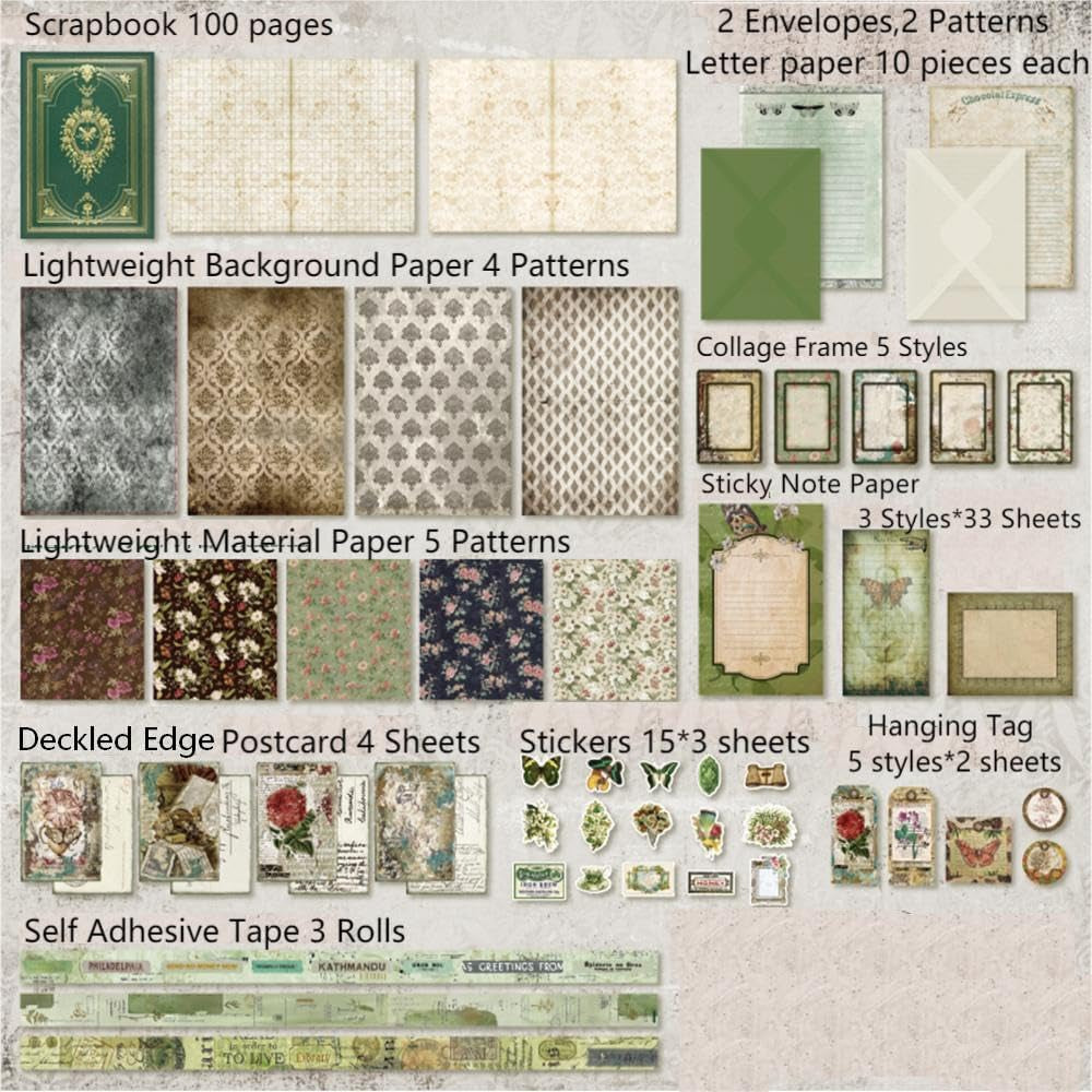 Vintage Scrapbooking Supplies Kit, 185Pcs Junk Journal Kit with Scrapbook Paper Sticker Aesthetic Notebook Scrapbook Kit, Art Craft DIY Gift for Adult Women