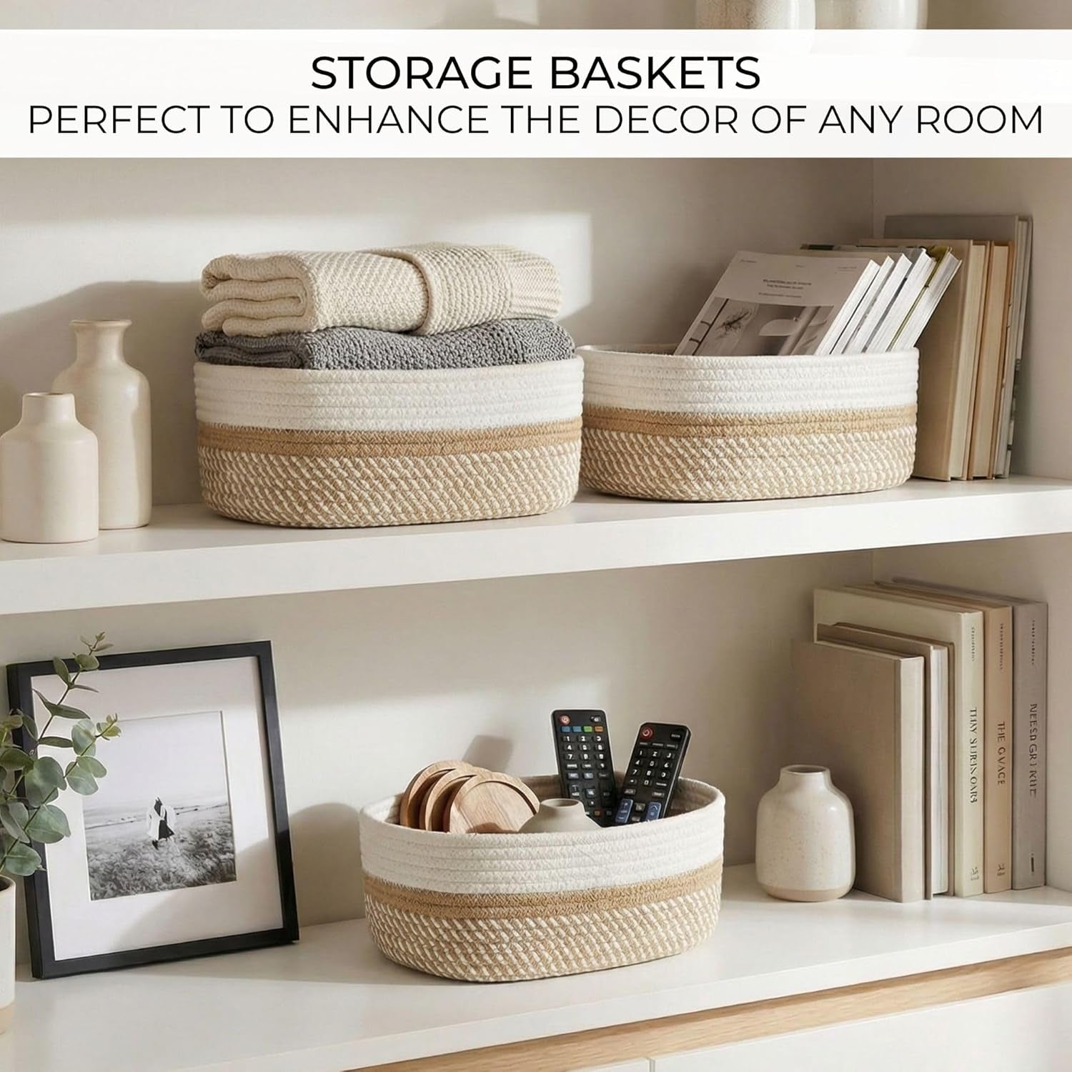 Beautiful Storage Basket Set of 3 - Sturdy Jute Rope Baskets for Shelves Are Perfect for Organizing Your Home - Quality Storage Bins Easily Fit with Any Nursery or Bedroom Decor