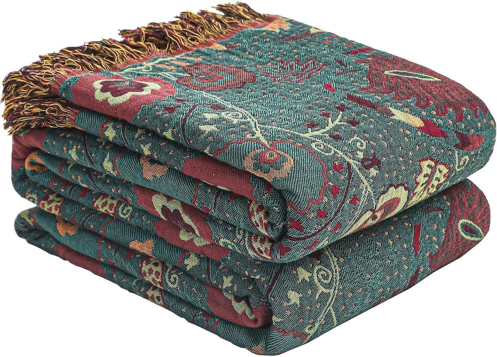100% Cotton Green Floral Boho Throw Blanket for Bed 90"X98" | 4-Layer Gauze Breathable Muslin Blanket,Soft Lightweight All Season Quilt with Fringe,Multi-Purpose Blanket,Ideal Gift