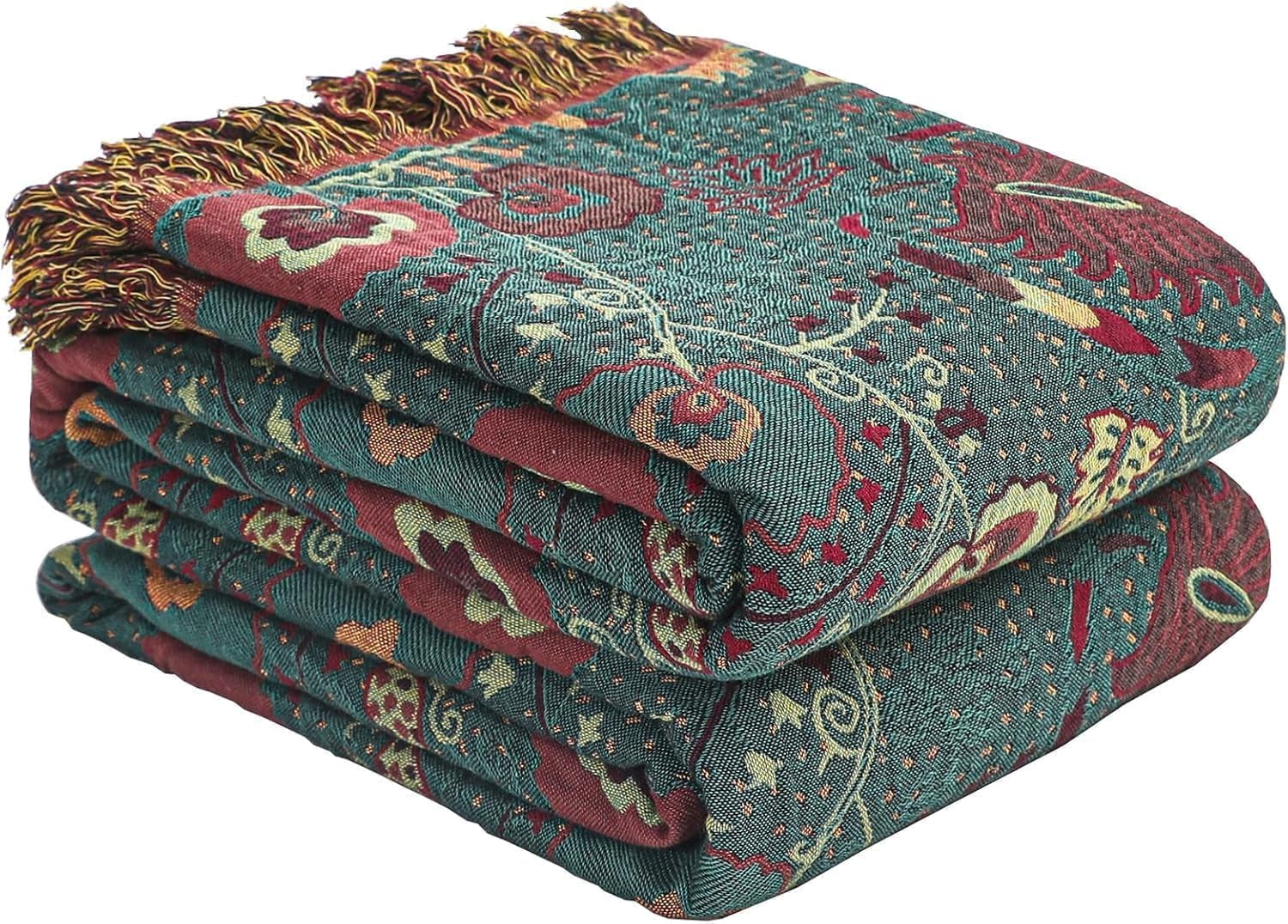 100% Cotton Green Floral Boho Throw Blanket for Bed 90"X98" | 4-Layer Gauze Breathable Muslin Blanket,Soft Lightweight All Season Quilt with Fringe,Multi-Purpose Blanket,Ideal Gift