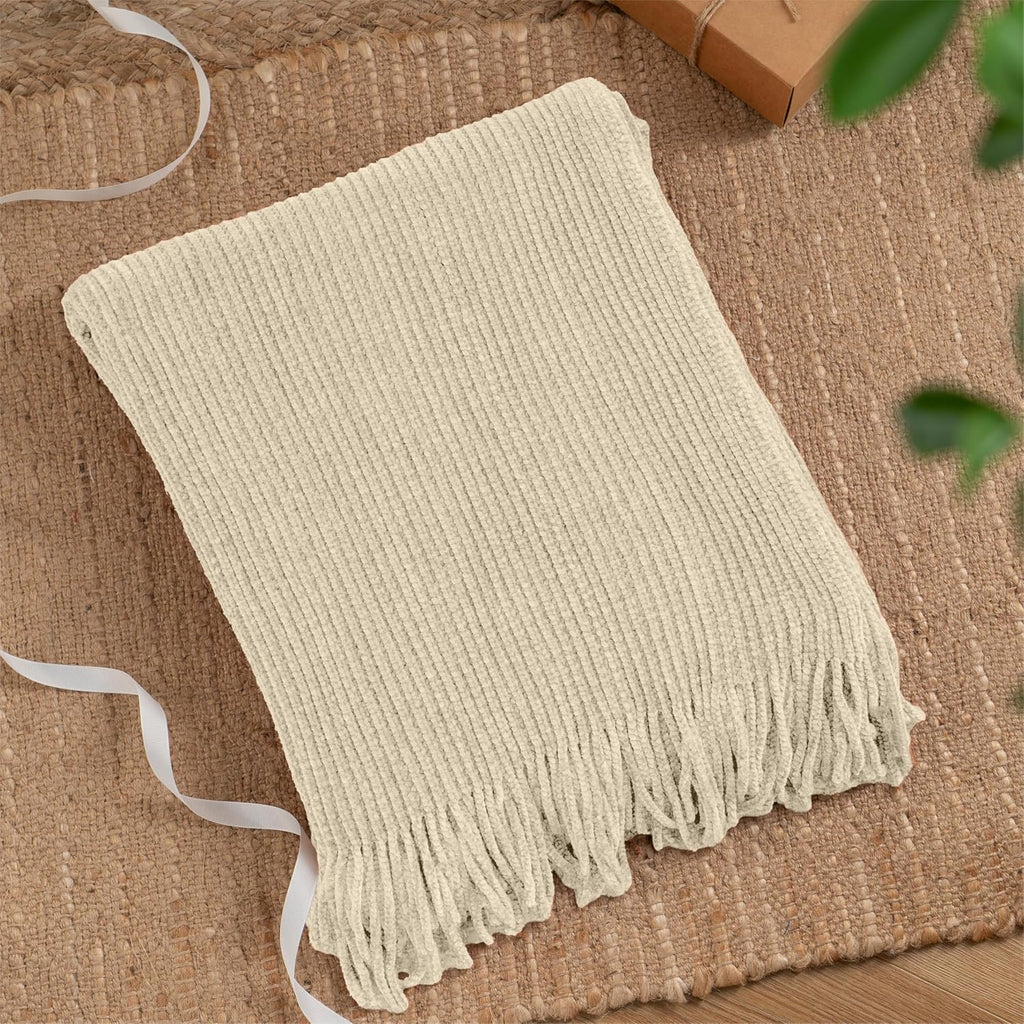 Beige Throw Blanket for Couch, Soft Chenille Knit Throws with Tassels for Home Decor, White Cream Throws for Bed Couch Cover, 60"X80"