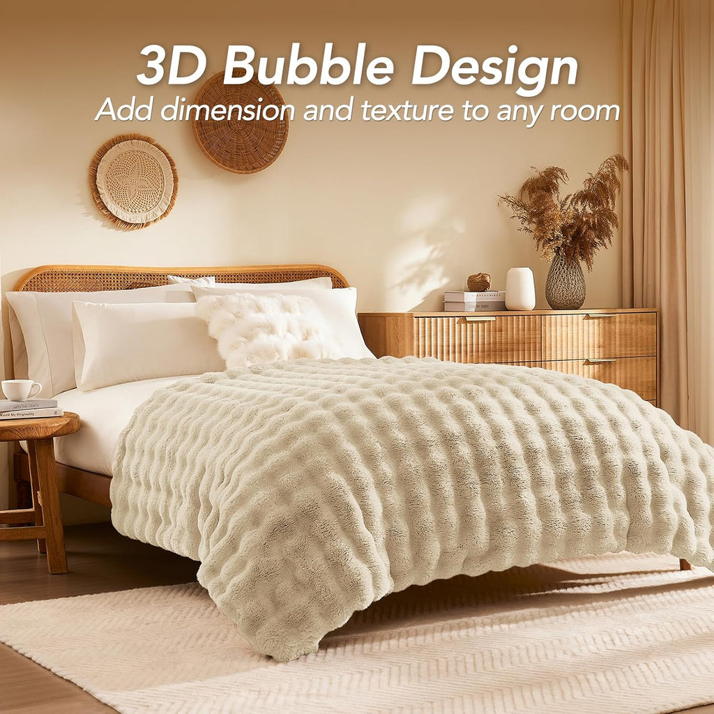 Faux Rabbit Fur Throw Blanket for Couch, 50'' X 60'' Almond White | Soft Cozy Bubble Fluffy Blanket for Sofa Bed, Thick Warm Plush Fuzzy Throw for Room Home Decor, Luxury Gift for Women Mom