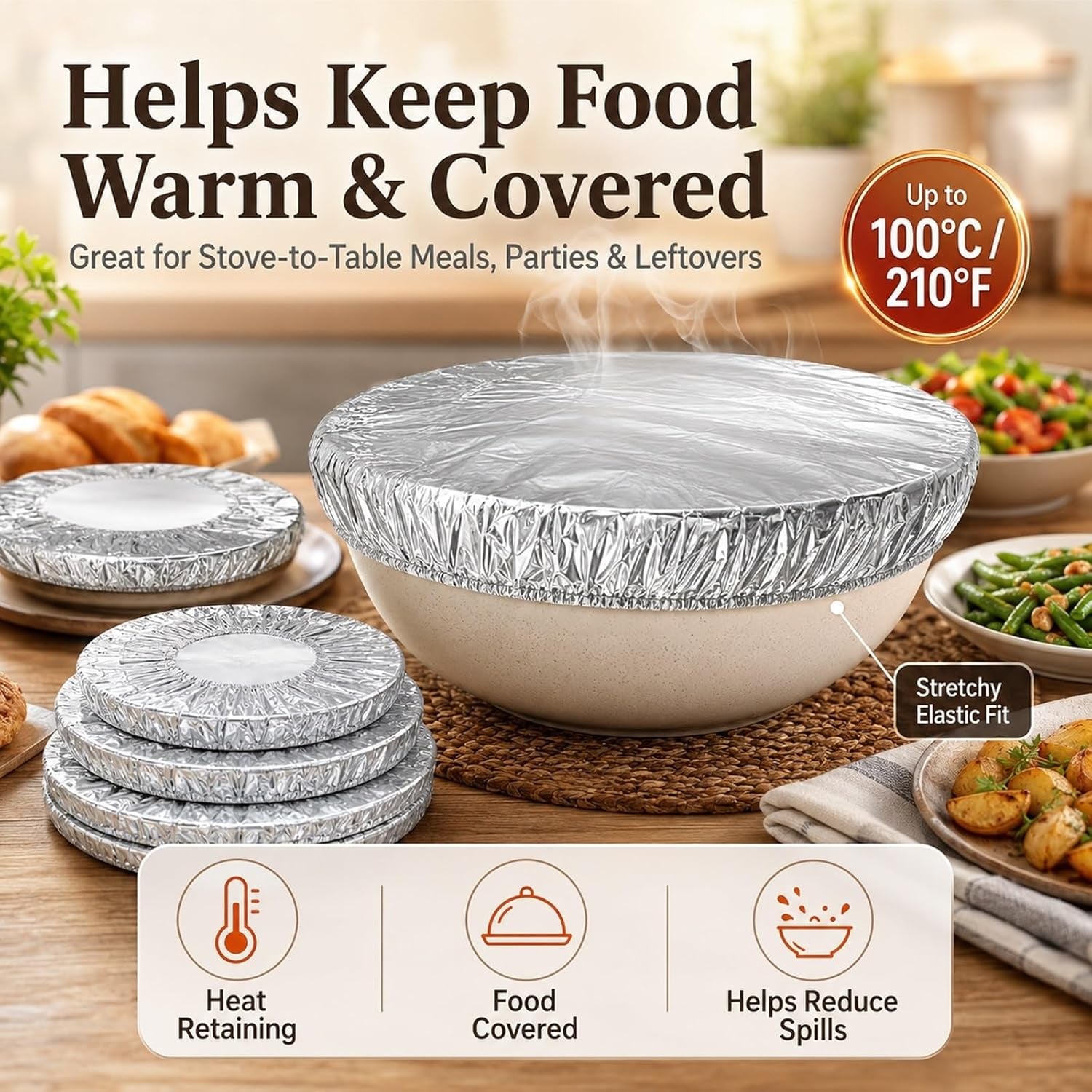 50 Pack Reusable Aluminum Foil Food Covers Stretchy Elastic Edge Bowl Plate Tray Lids Heat Retaining Food Grade Cover for Picnic Takeout Leftovers Meal Prep BBQ Sandwich Burrito Outdoor Dining(50Pcs)