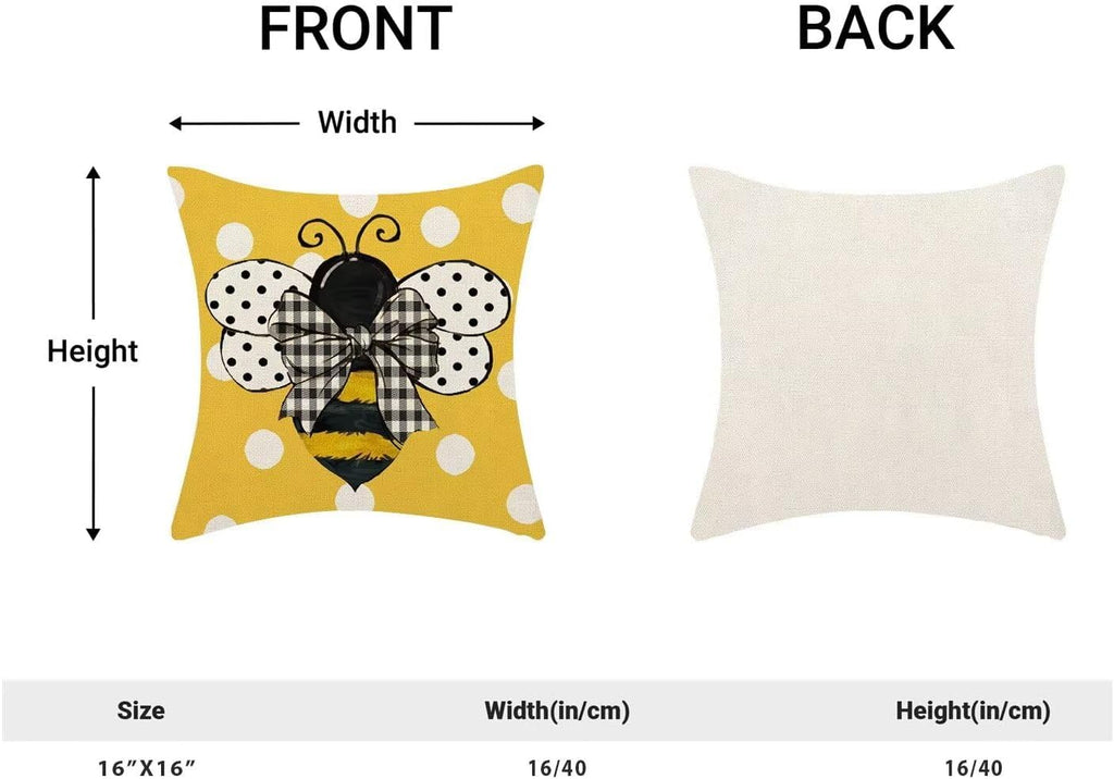 Yellow Bee Pillow Covers 16X16 Set of 2 Polka Dots Outdoor Decorative Throw Pillow Covers Summer Farmhouse Seasonal Linen Cushion Case for Home Sofa Couch Outdoor Decor
