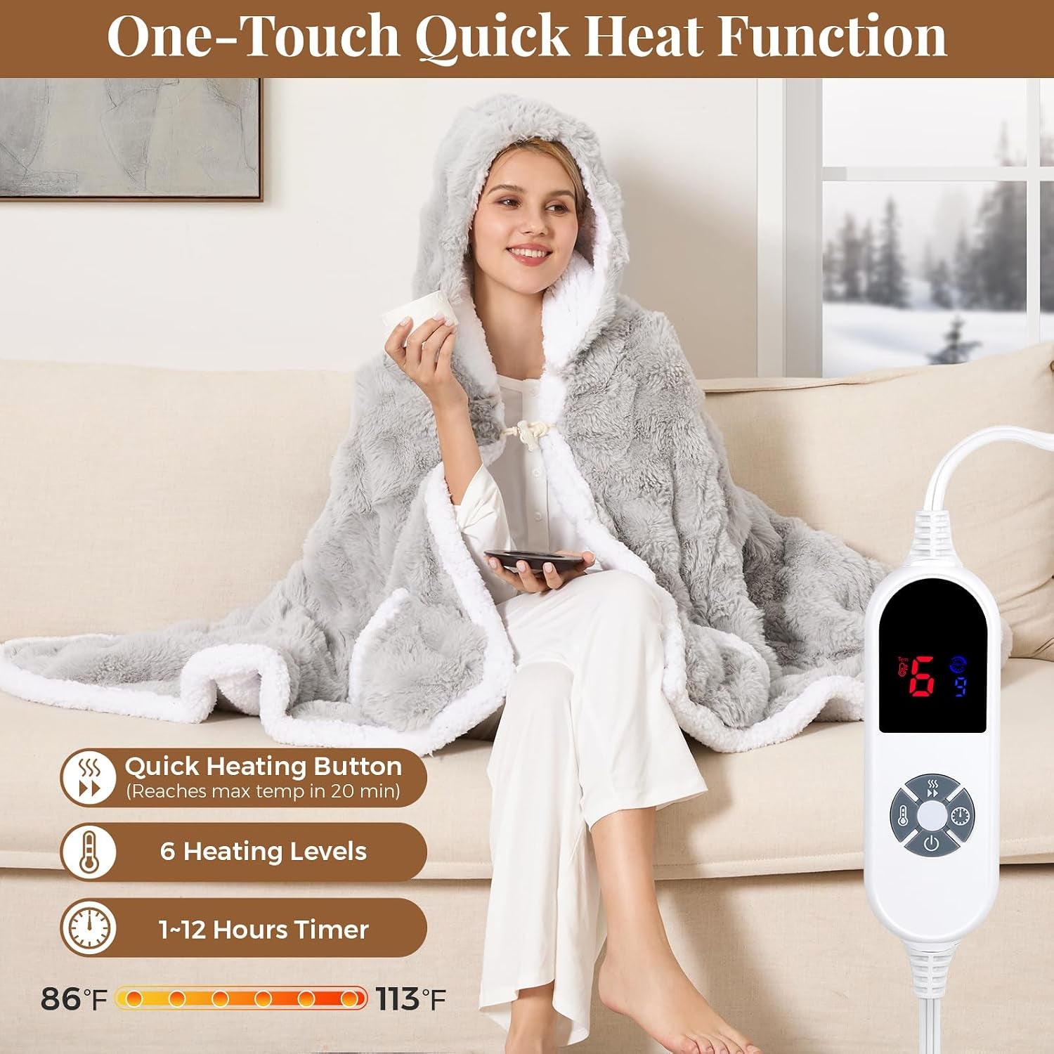 Wearable Heated Blanket Hoodie, Luxury Faux Fur & Sherpa Electric Throw Blanket, Heated Shawl Wraps Poncho with Pockets for Women Men, 3 Heat Levels & 12H Timer, ETL & FCC Certified 40"X70" Light Grey