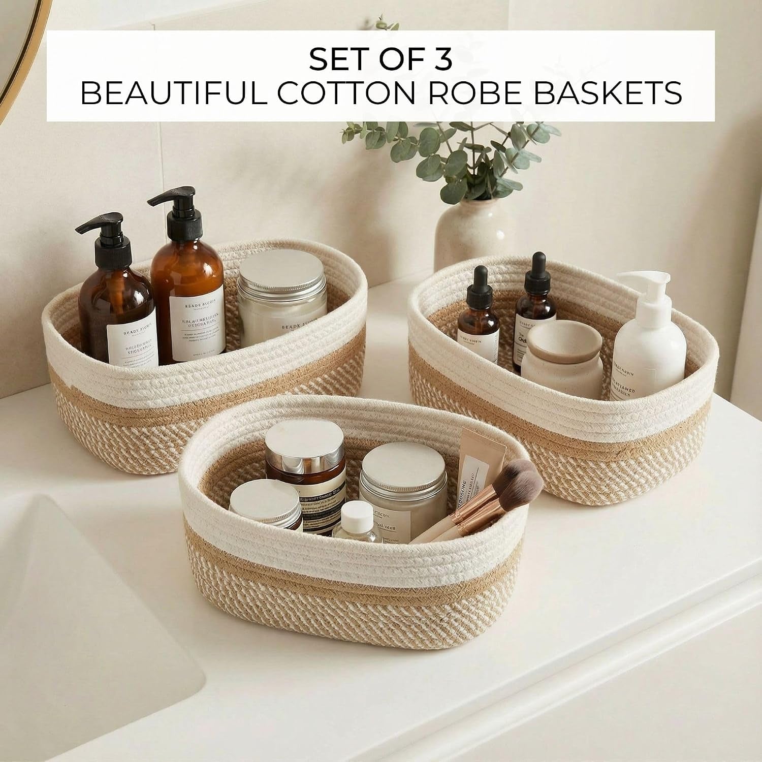 Beautiful Storage Basket Set of 3 - Sturdy Jute Rope Baskets for Shelves Are Perfect for Organizing Your Home - Quality Storage Bins Easily Fit with Any Nursery or Bedroom Decor