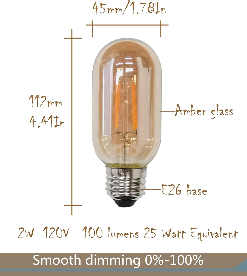 T45 E26 Amber Antique LED Edison Light Bulb,T14 LED Tubular Vintage Antique Dimmable Led Bulb,2 Watt 120V 2200K Warm White 120 Lumens 25 Watt Equivalent,4 Pack