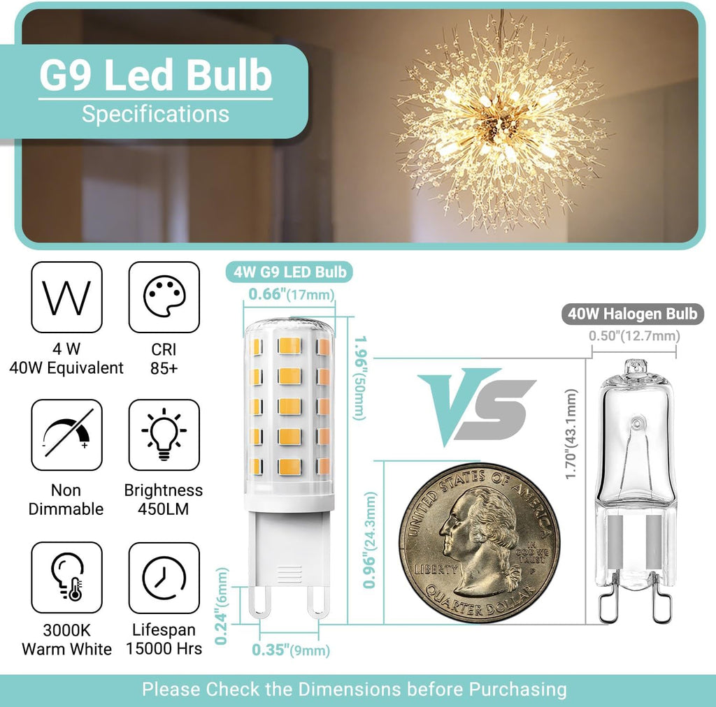 20 Pack G9 LED Bulb 4W, 40 Watt Equivalent Halogen, 3000K Warm White Chandelier Light Bulbs, T4 G9 Bi-Pin Base for Crystal Chandelier Home Lighting, 360 Degree Angle, 120V,Non-Dimmable