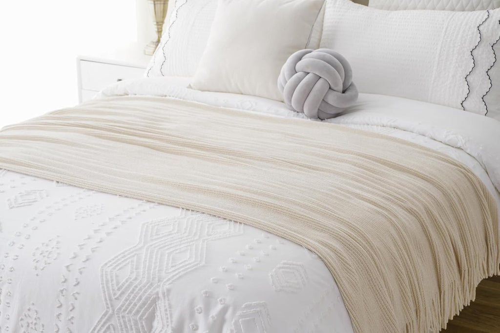 Beige Throw Blanket for Couch, Soft Chenille Knit Throws with Tassels for Home Decor, White Cream Throws for Bed Couch Cover, 60"X80"
