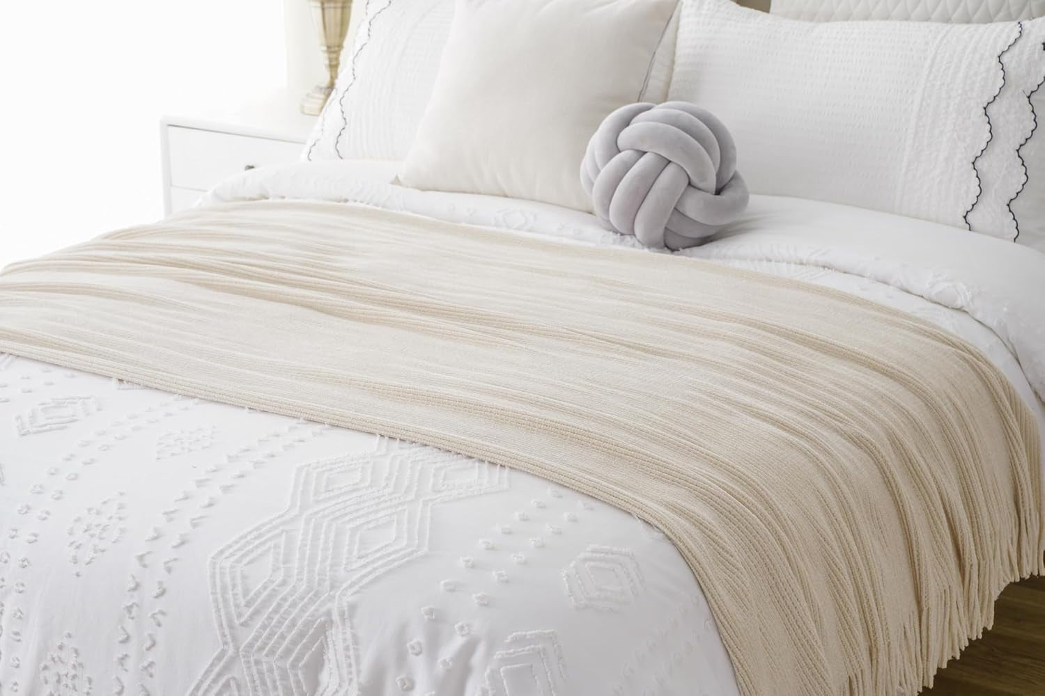 Beige Throw Blanket for Couch, Soft Chenille Knit Throws with Tassels for Home Decor, White Cream Throws for Bed Couch Cover, 60"X80"