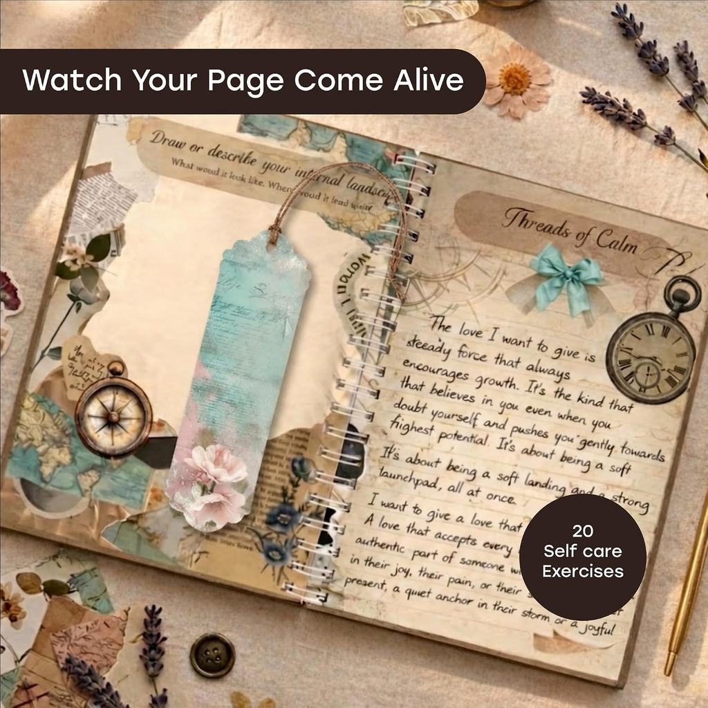 Vintage Chapter Journal Scrapbook Starter Kit for Women Adult Teen | Junk Scrapbook Supplies - Washi Tape, Stickers, Paper, Bullet Art, DIY Journaling Scrapbooks Set - Calligraphy & Sumi Brushes