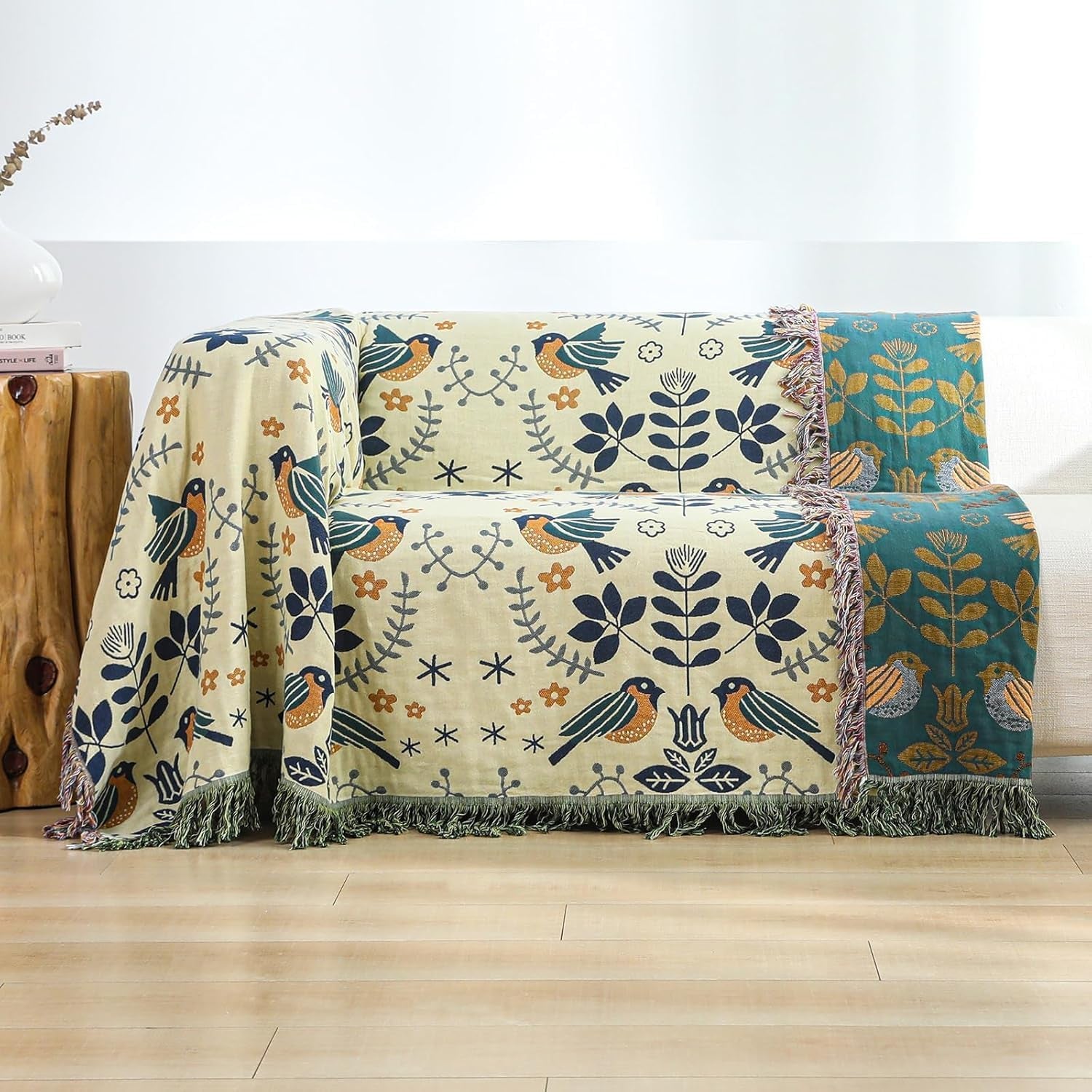 100% Cotton Boho Throw Blanket for Couch 4-Layer Gauze Ultra Soft Breathable Rustic Quilt 50" X 60" Birds and Floral Muslin Summer Blanket for Sofa Chair Bed Home Decor,Teal
