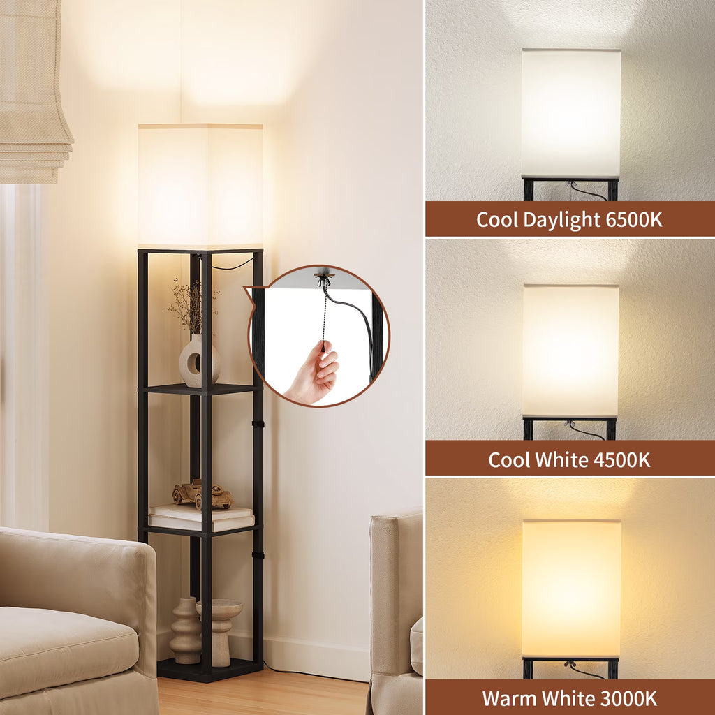 63'' Floor Lamps with Shelves, Home Standing Lamp, Include 1000 Lumens Lighting Bulbs, Shelf Floor Lamp, Black Floor Lamps for Living Room, Bedroom, Lamp with Storage Dustproof, UL Certified