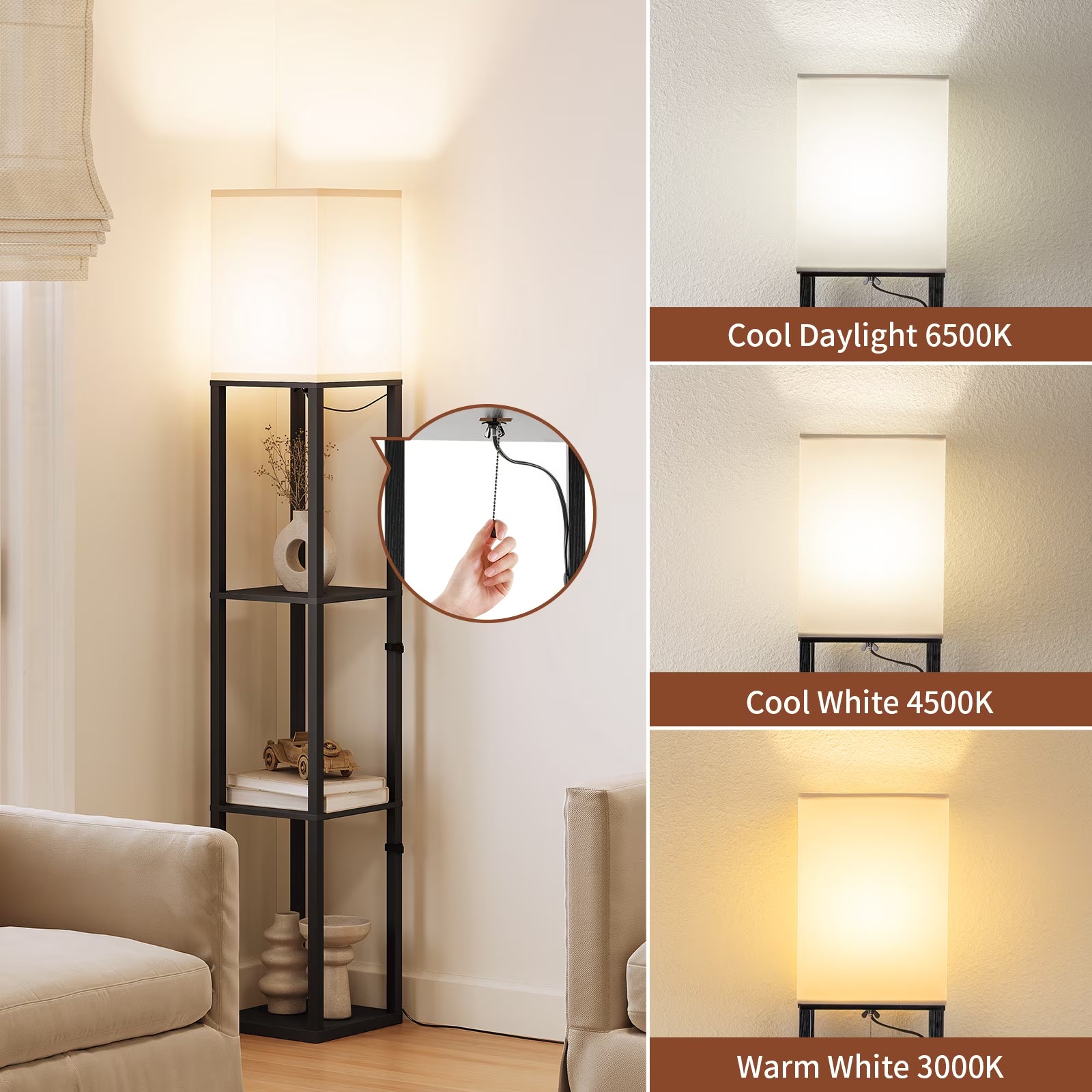 63'' Floor Lamps with Shelves, Home Standing Lamp, Include 1000 Lumens Lighting Bulbs, Shelf Floor Lamp, Black Floor Lamps for Living Room, Bedroom, Lamp with Storage Dustproof, UL Certified