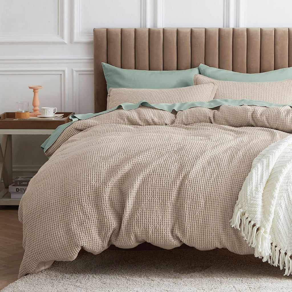 Bedsure Waffle Comforter Set King Khaki Soft Cotton Bedding Set for All Seasons Waffle Weave Bed Set 3 Pieces 1 Comforter (104"x90") and 2 Pillow Shams Premium Cotton Cover with Polyester Fill