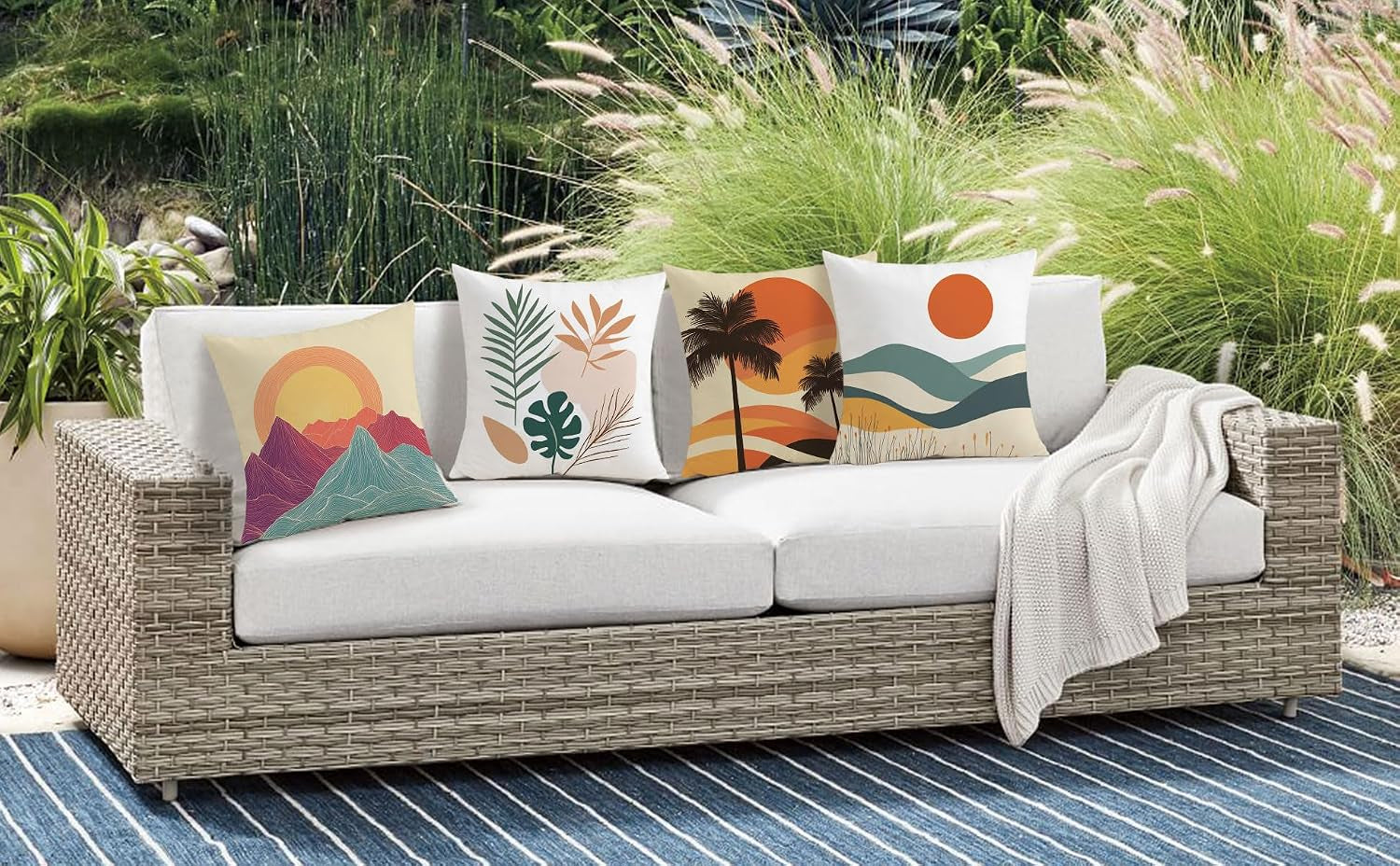 Tropical Pillow Covers 18X18 Inch Summer Decorative Pillow Covers Set of 4 | Double Sided Printing, Sunset Coastal Palm Leaves Beach Decorative Throw Pillow Cases, for Sofa Couch Porch Bed Living Room