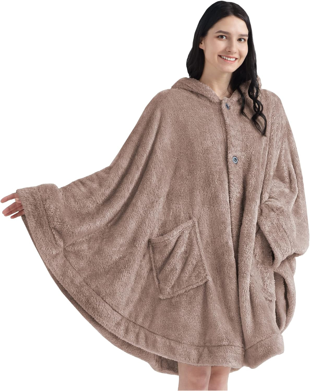 Hooded Blanket Poncho for Women, Wearable Sherpa Fleece Wrap with Pockets, Cozy Shawl Gift for Mom Grandma Wife