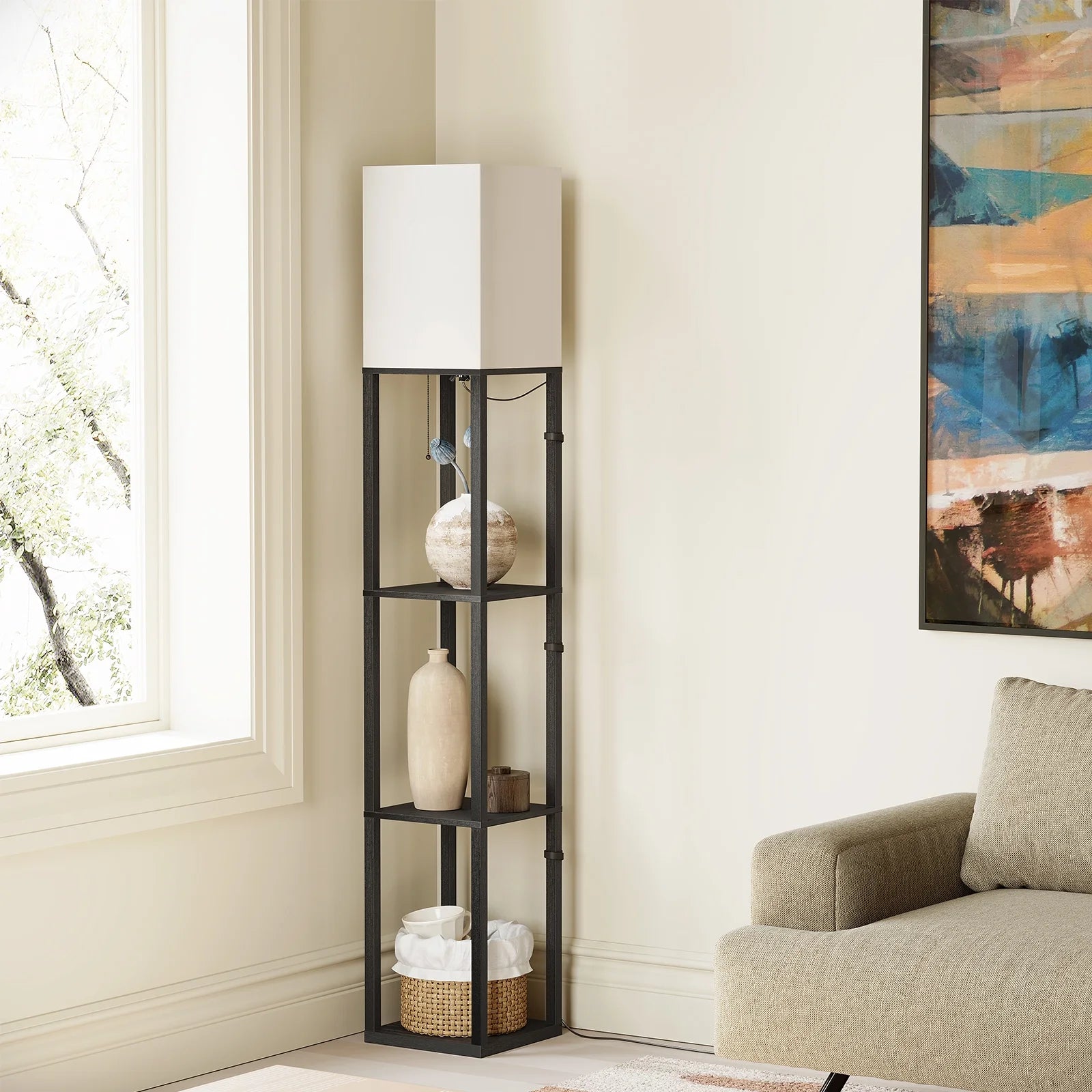 63'' Floor Lamps with Shelves, Home Standing Lamp, Include 1000 Lumens Lighting Bulbs, Shelf Floor Lamp, Black Floor Lamps for Living Room, Bedroom, Lamp with Storage Dustproof, UL Certified