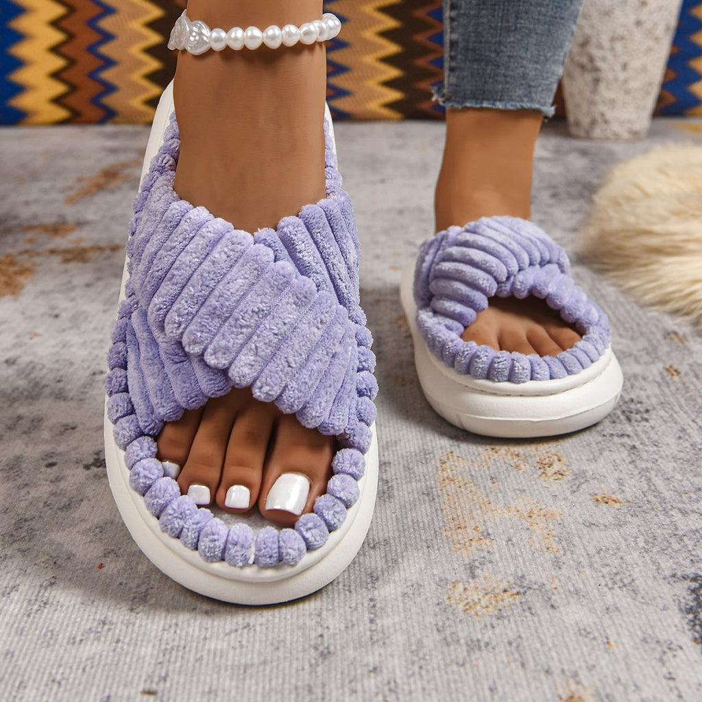 Slippers for Women Corduroy Cross Band Strap Open Toe Comfy Anti-Skid Bedroom House Slide Shoes