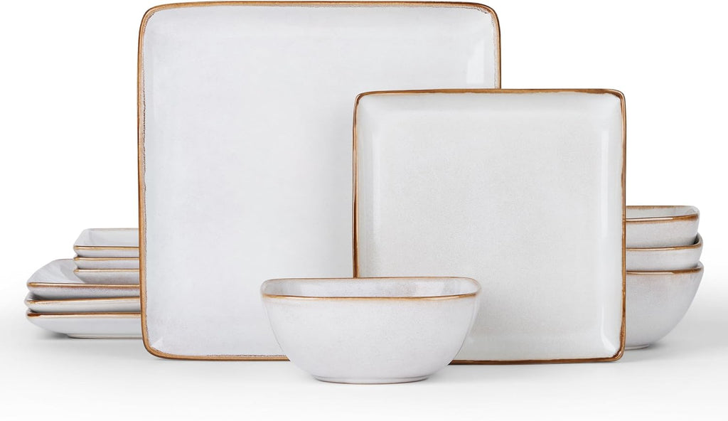 Square Plates and Bowls Sets, 12-Piece Stoneware Dinnerware Sets for 4, Reactive Glaze Dish Set, Chip and Scratch Resistant, Microwave and Dishwasher Safe, Seashell White