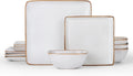 Square Plates and Bowls Sets, 12-Piece Stoneware Dinnerware Sets for 4, Reactive Glaze Dish Set, Chip and Scratch Resistant, Microwave and Dishwasher Safe, Seashell White