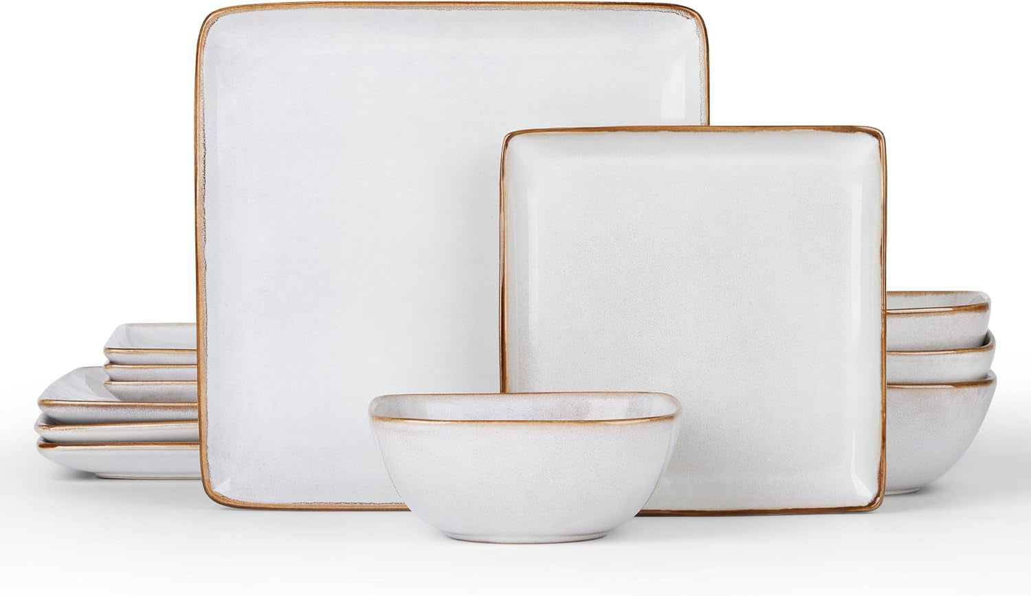 Square Plates and Bowls Sets, 12-Piece Stoneware Dinnerware Sets for 4, Reactive Glaze Dish Set, Chip and Scratch Resistant, Microwave and Dishwasher Safe, Seashell White