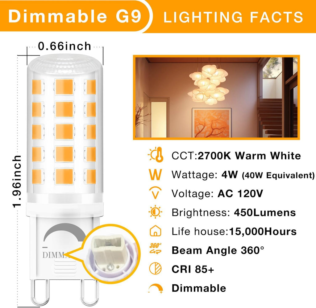 DAYBEETER 12 Pack Dimmable G9 LED Bulb 4W (40 Watt Equivalent), 2700K Soft Warm White, G9 Halogen Bulb T4 G9 Bi-Pin Base Light Bulbs for Chandelier,120V 450LM 360 Beam Angle No-Flicker G9 Bulb