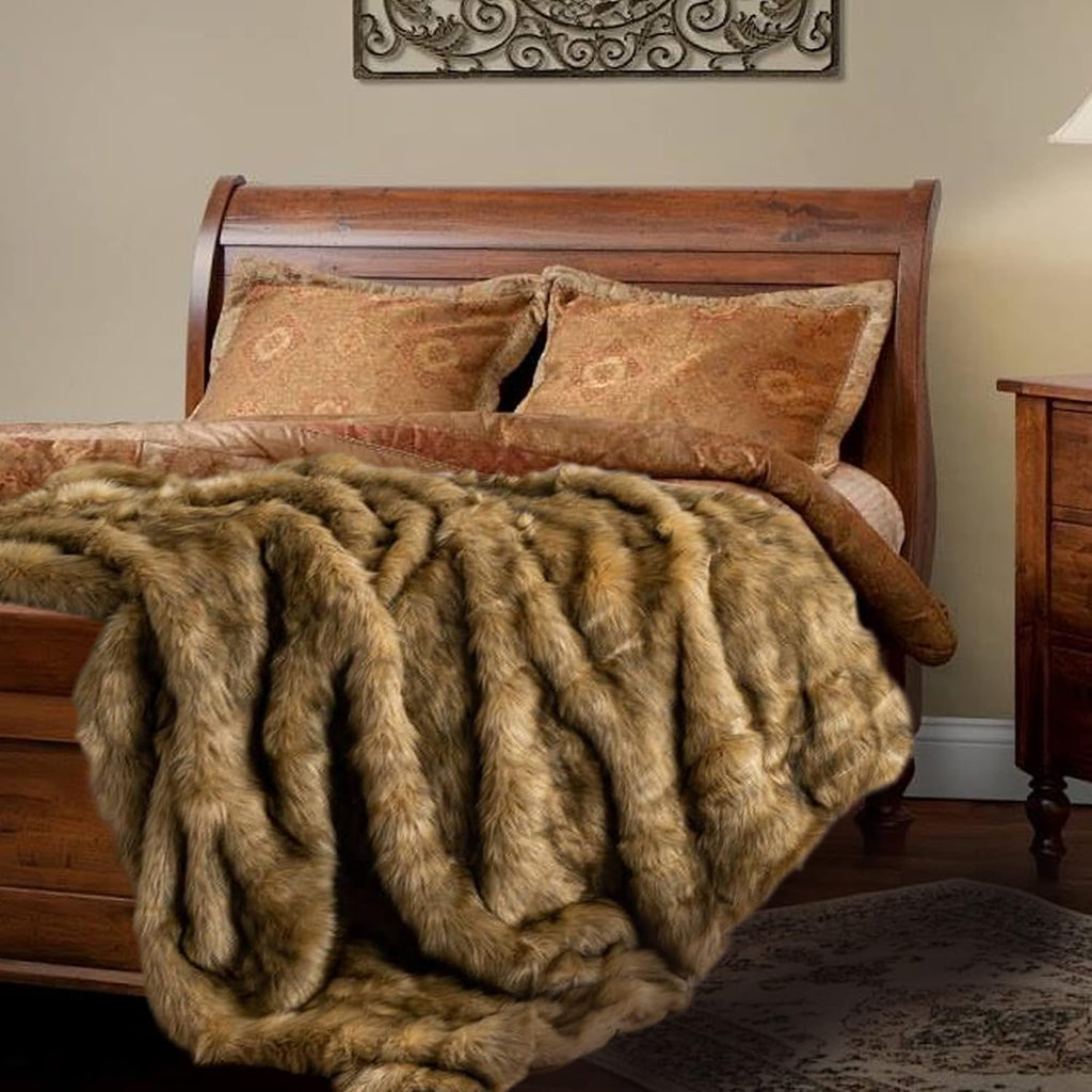 BATTILO Golden Faux Fur Throw Blanket for Couch, 50"X60", Thick Warm | Luxury Soft Cozy Plush Elegant Furry Fluffy Faux Fur Blanket for Bed, Sofa, Living Room, Long Pile with Black Tips