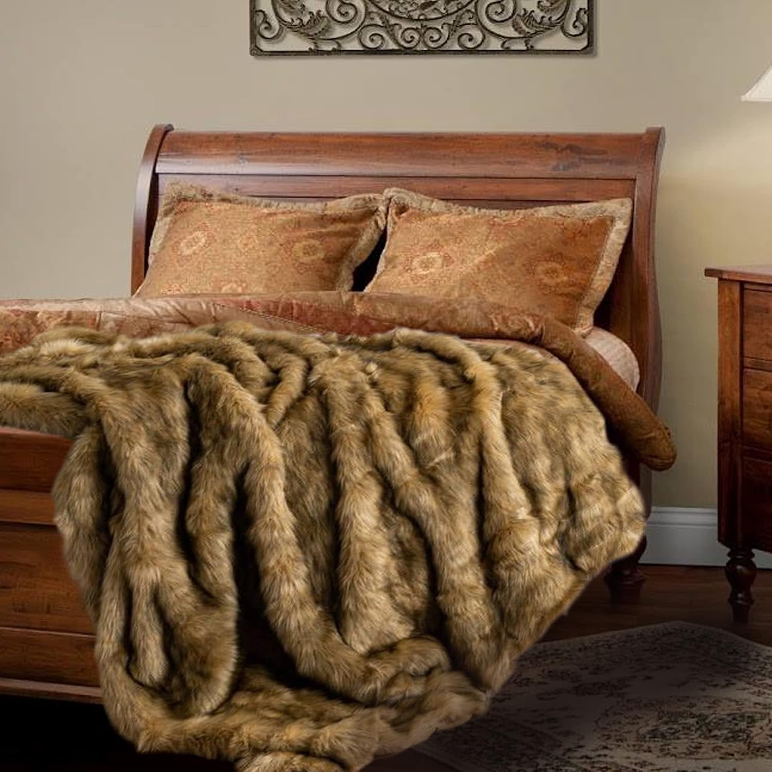 BATTILO Golden Faux Fur Throw Blanket for Couch, 50"X60", Thick Warm | Luxury Soft Cozy Plush Elegant Furry Fluffy Faux Fur Blanket for Bed, Sofa, Living Room, Long Pile with Black Tips