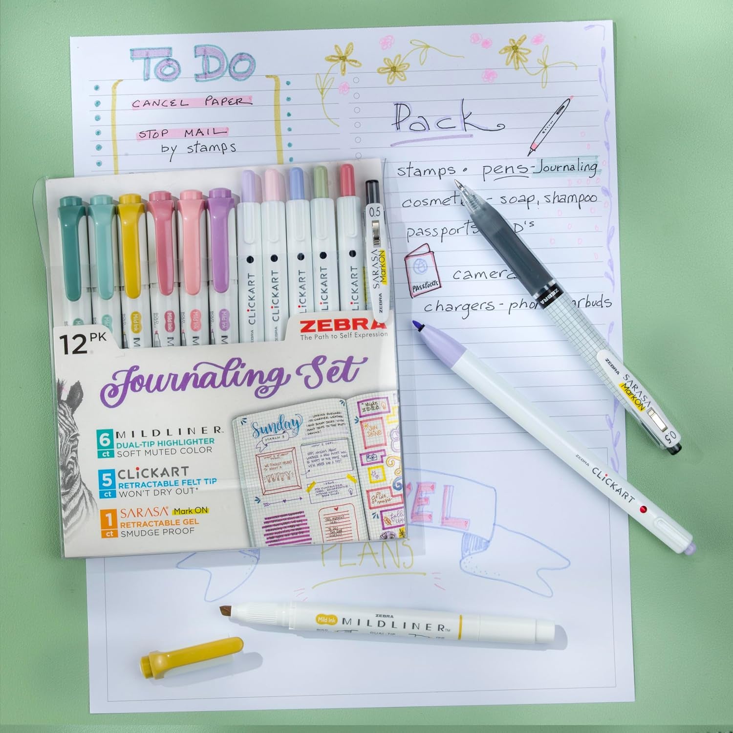 Journaling Set, MILDLINER, Clickart & SARASA, Assorted, 12-Pack | Includes 6 MILDLINER Highlighters, 5 Clickart Felt Tip Pens & 1 SARASA Markon Pen, Ideal for Bible Study & Note-Taking (14012