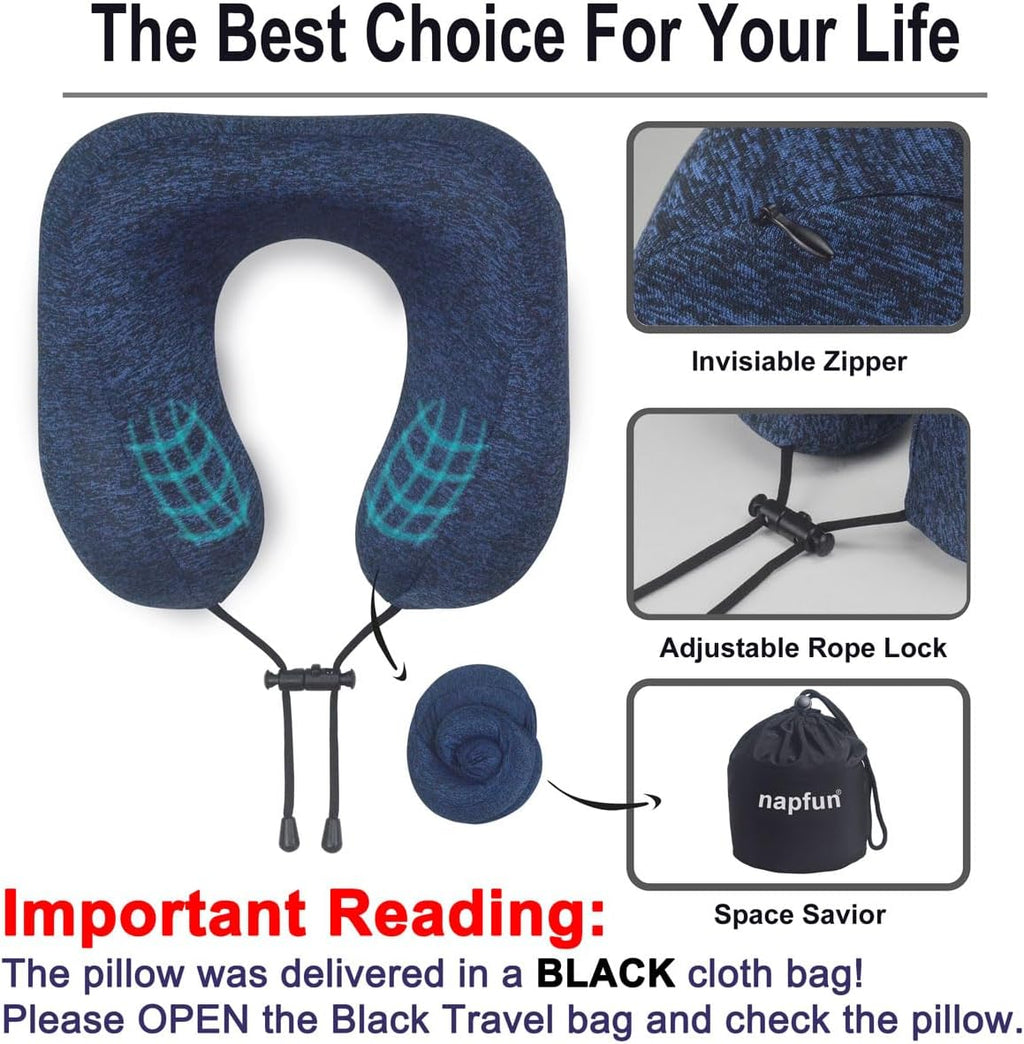 Neck Pillow for Traveling, Upgraded Travel Neck Pillow for Airplane 100% Pure Memory Foam Travel Pillow for Flight Headrest Sleep, Portable Plane Accessories, Blue
