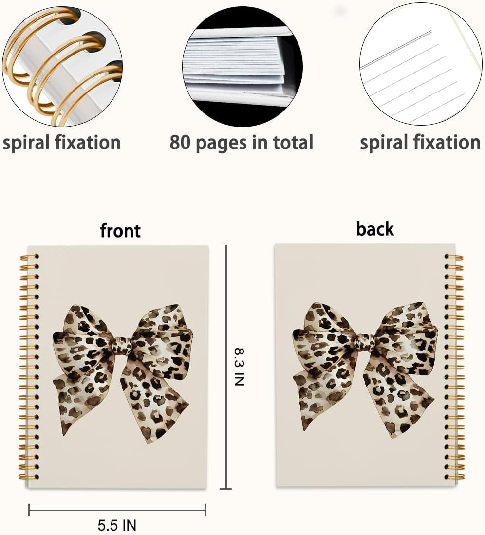 Preppy Cheetah Leopard Bow Notebook Journal Gifts for Women Girls, Trendy Journaling Notebook for Work Office School Supplies Note Taking, 5.5X8.3