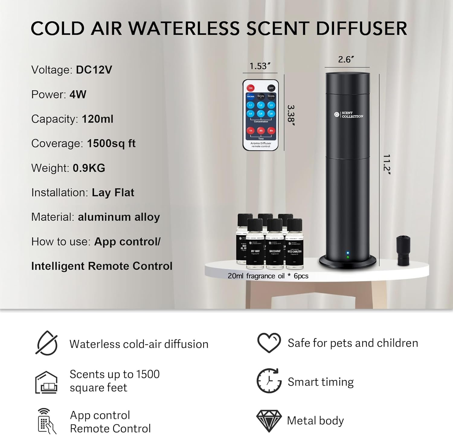 Hotel Waterless Scent Diffuser with 6 Fragrance Oils Covers up to 700 Sq Ft | Cold Air Scent Diffuser with APP Control, 6 Fragrance Oils, Open Bottle Design, Quiet Operation, for Home/Office/Hotel/Ect.