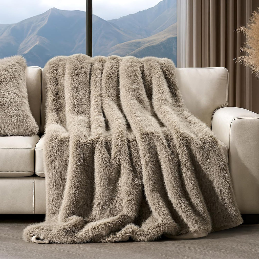 HOME Luxury Faux Fur Throw Blanket, 50"X60", Natural Mink | Fluffy Faux Mink Blanket, Soft Cozy Plush, Thick Warm Winter Throw, Velvety Reverse, 870GSM, for Couch, Bed, Sofa, Chair